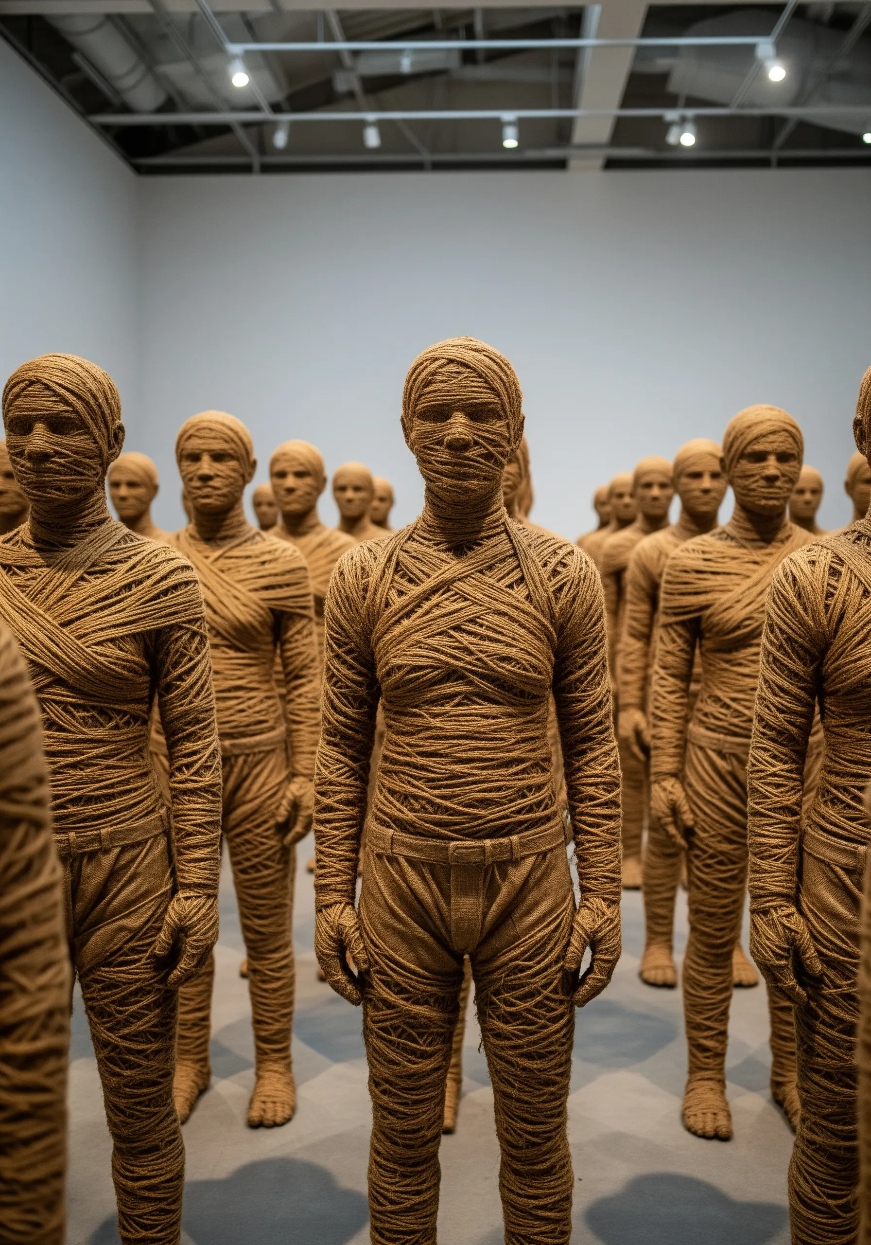 An army of human-like figures completely covered in wrapped tan-colored twine.
