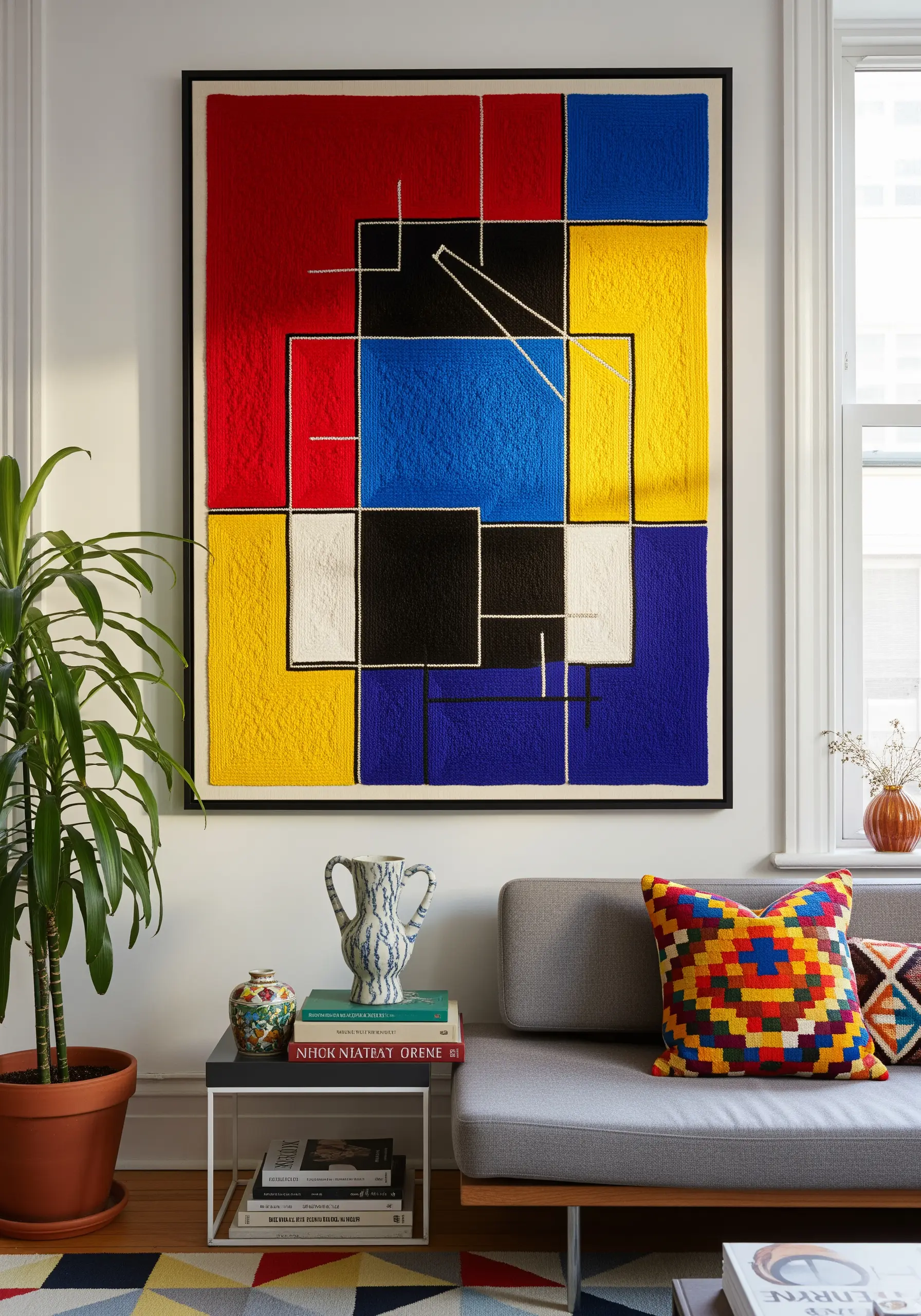 A large, framed geometric embroidery piece inspired by Mondrian, with blocks of red, yellow, and blue.