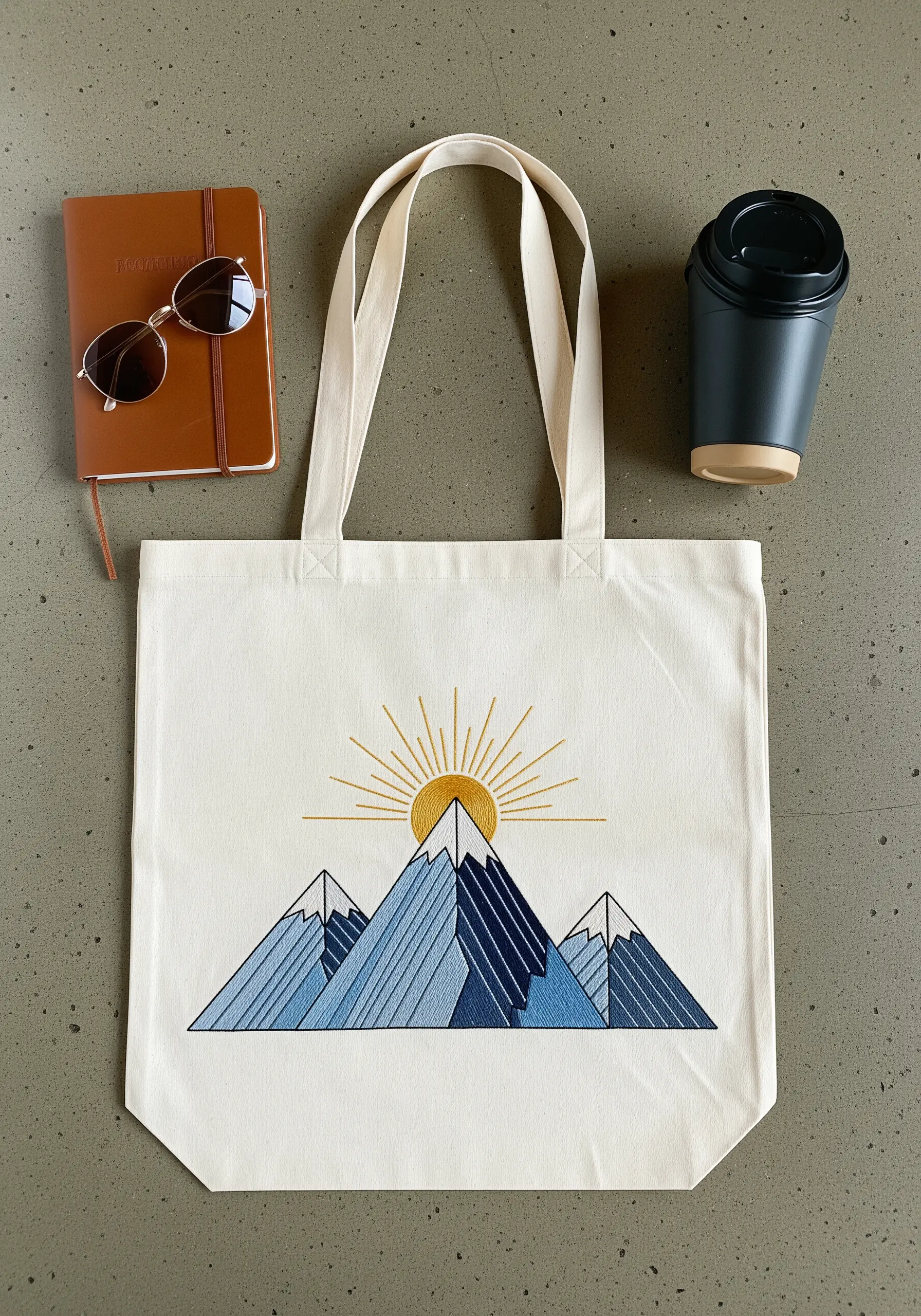 Geometric mountain range with a golden sun embroidered on a canvas tote bag.