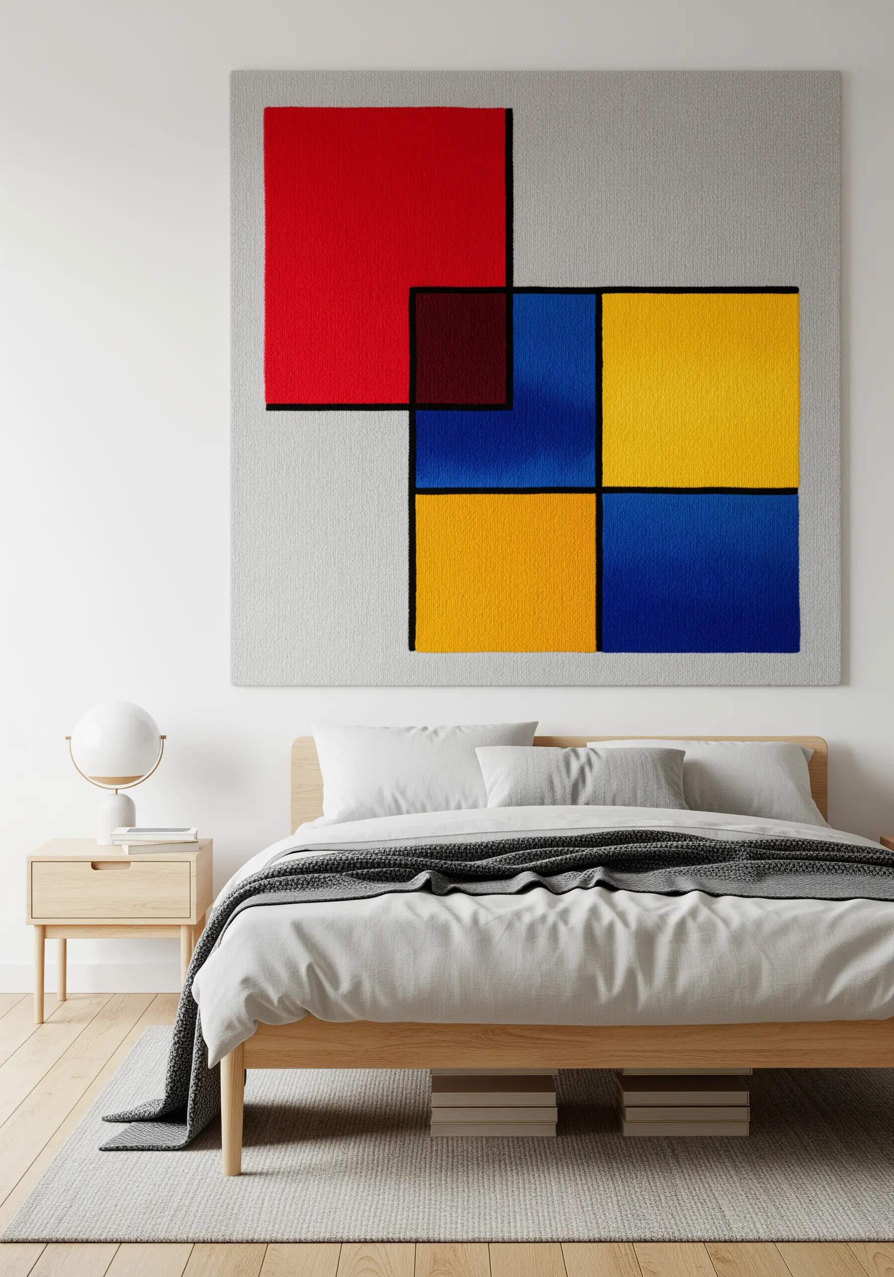 A large, abstract embroidery piece with blocks of red, yellow, and blue, inspired by Mondrian.