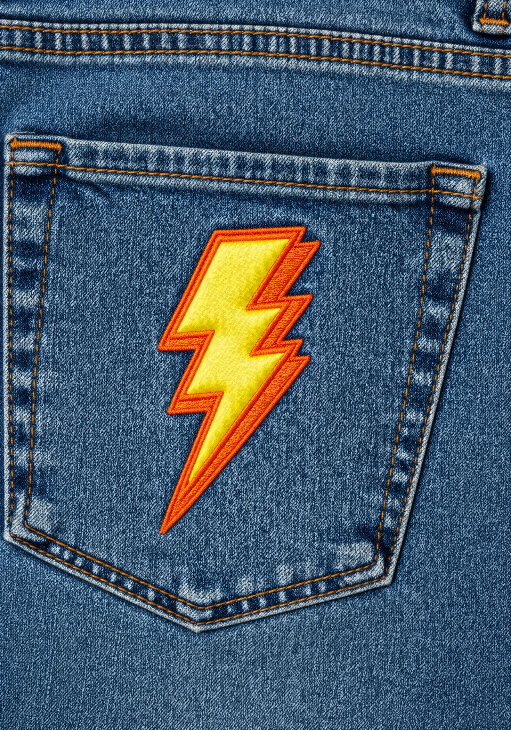A bold yellow and orange lightning bolt with a thick border, embroidered on a denim back pocket.