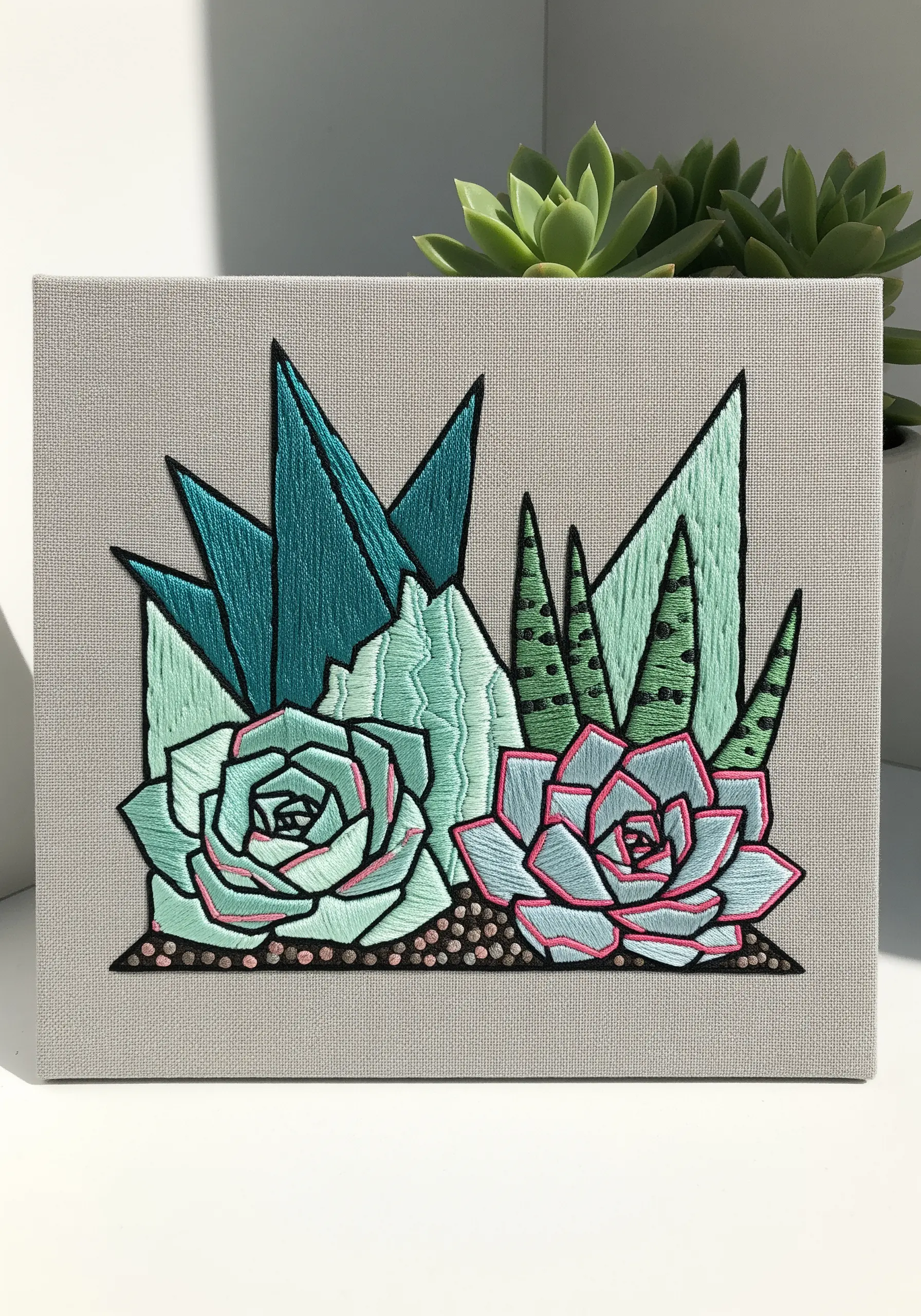 Graphic-style embroidered succulents with bold black outlines on a stretched canvas.