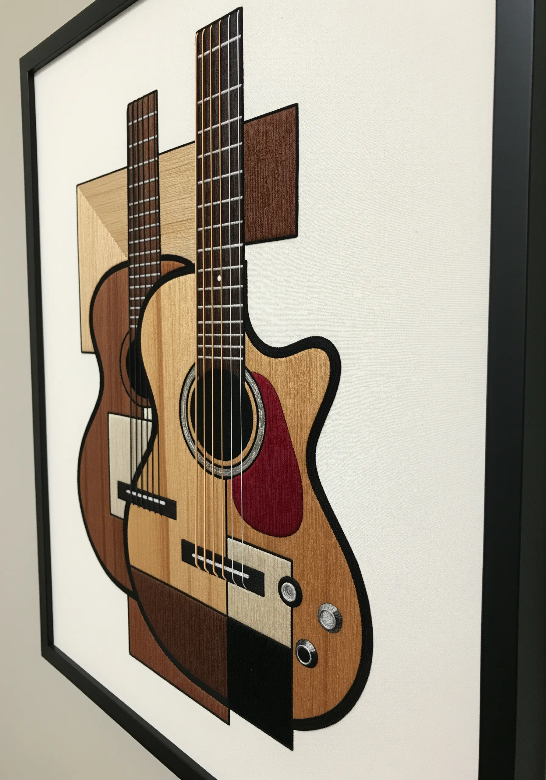A detailed embroidery of two overlapping guitars in a Cubist style.