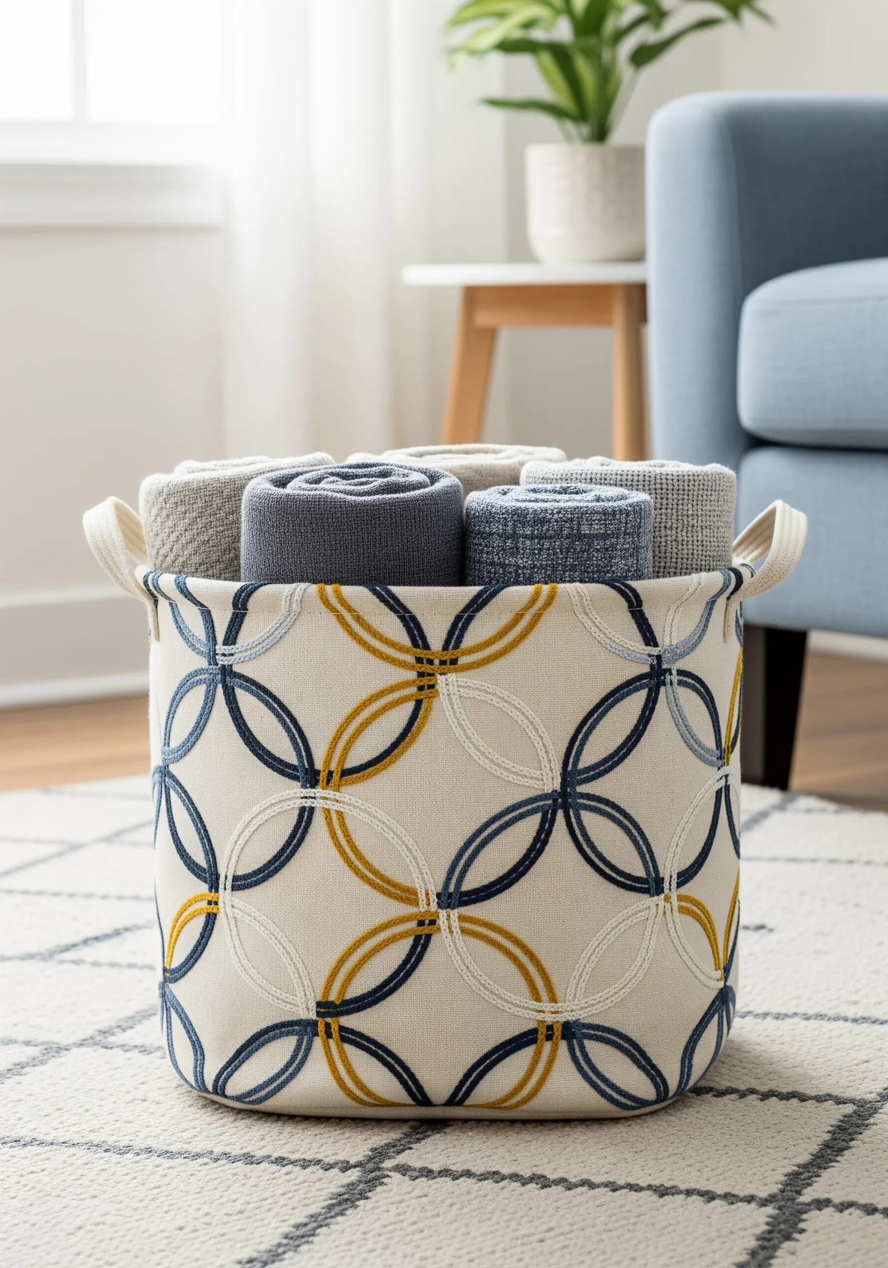 A fabric storage basket with an embroidered interlocking circle pattern in blue and gold.