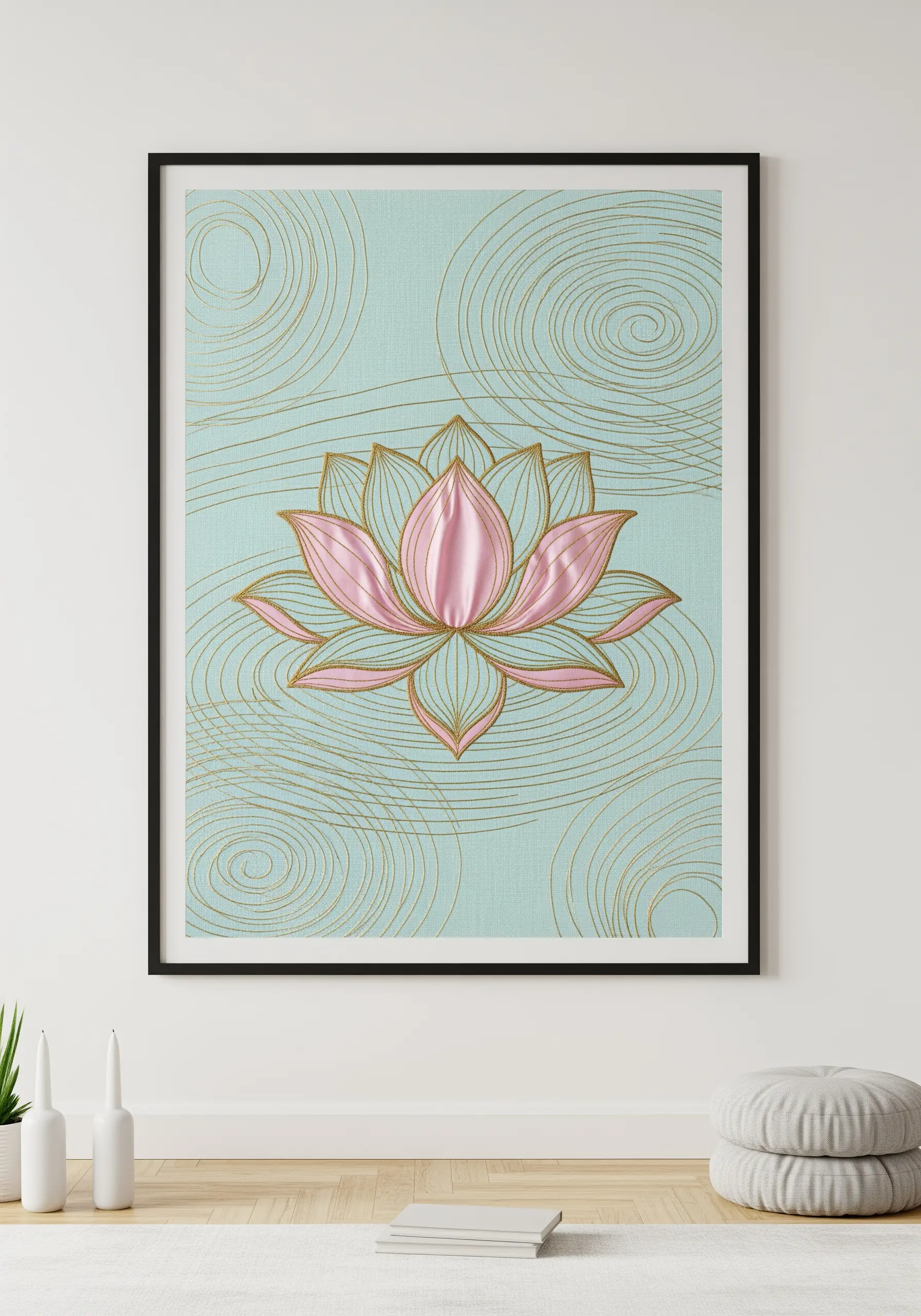 Framed embroidery of a pink and gold lotus flower on a light blue background.