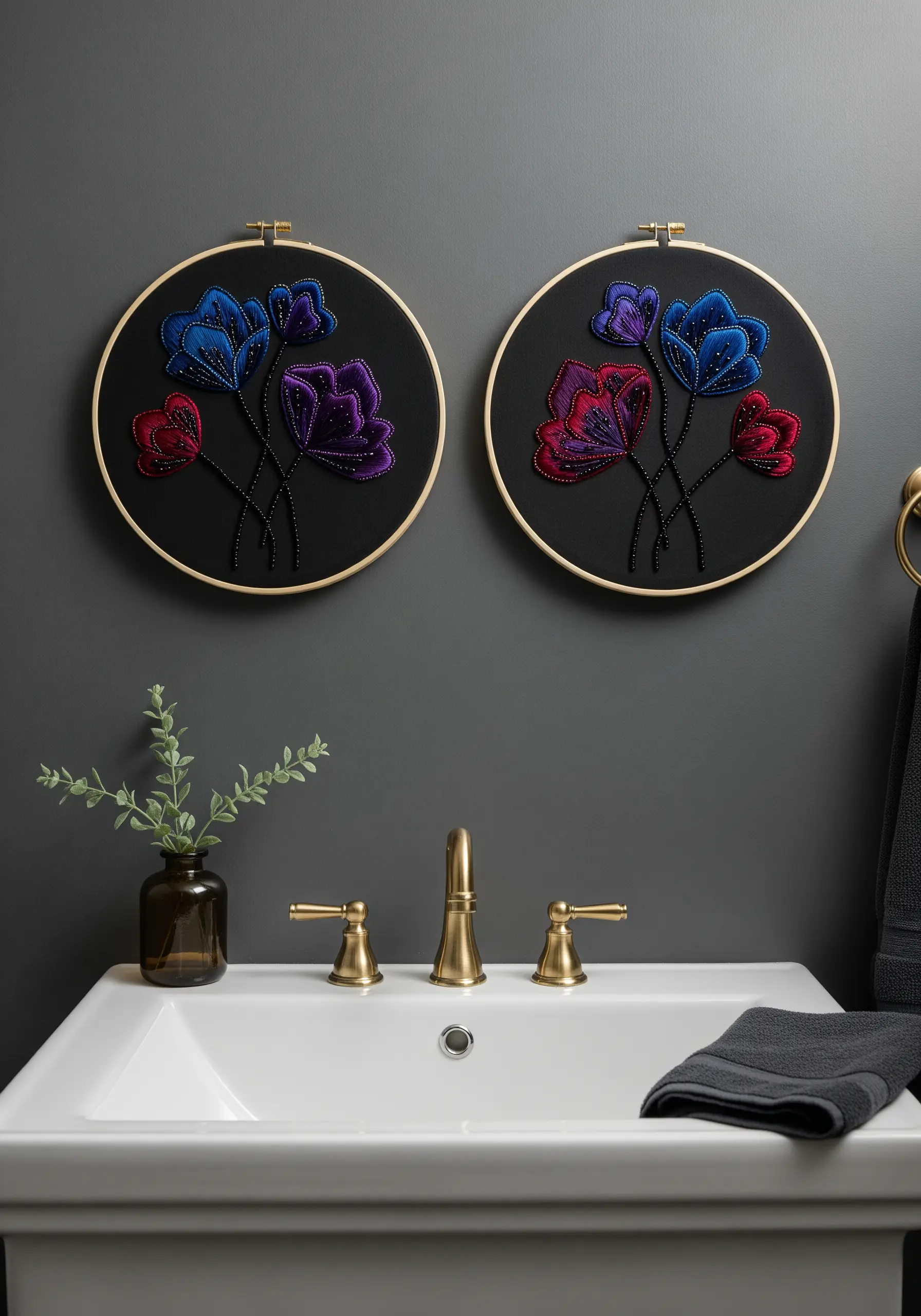 Two hoops with stylized flowers outlined in black seed beads on a black background.