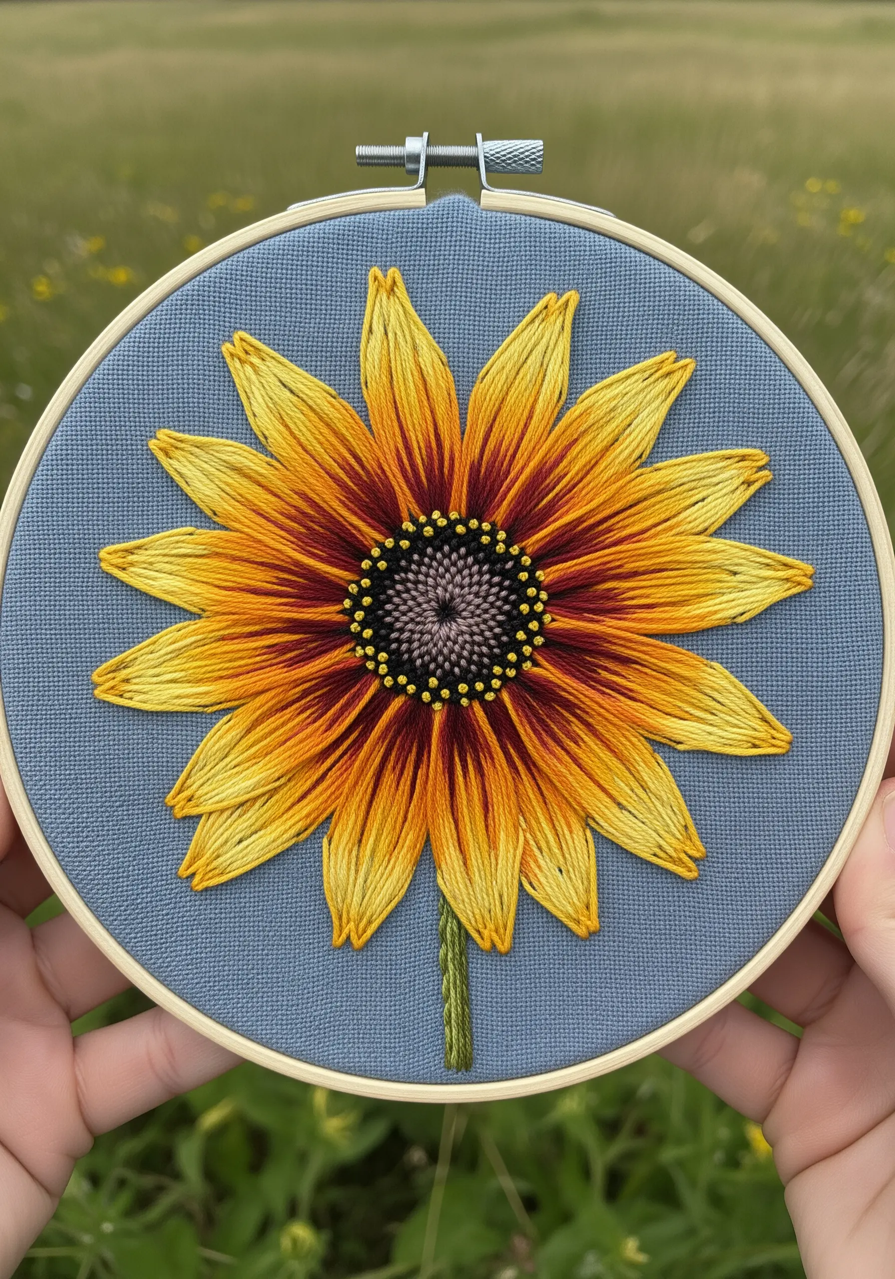 Thread-painted Black-Eyed Susan with bold color blocking from deep red to bright yellow.