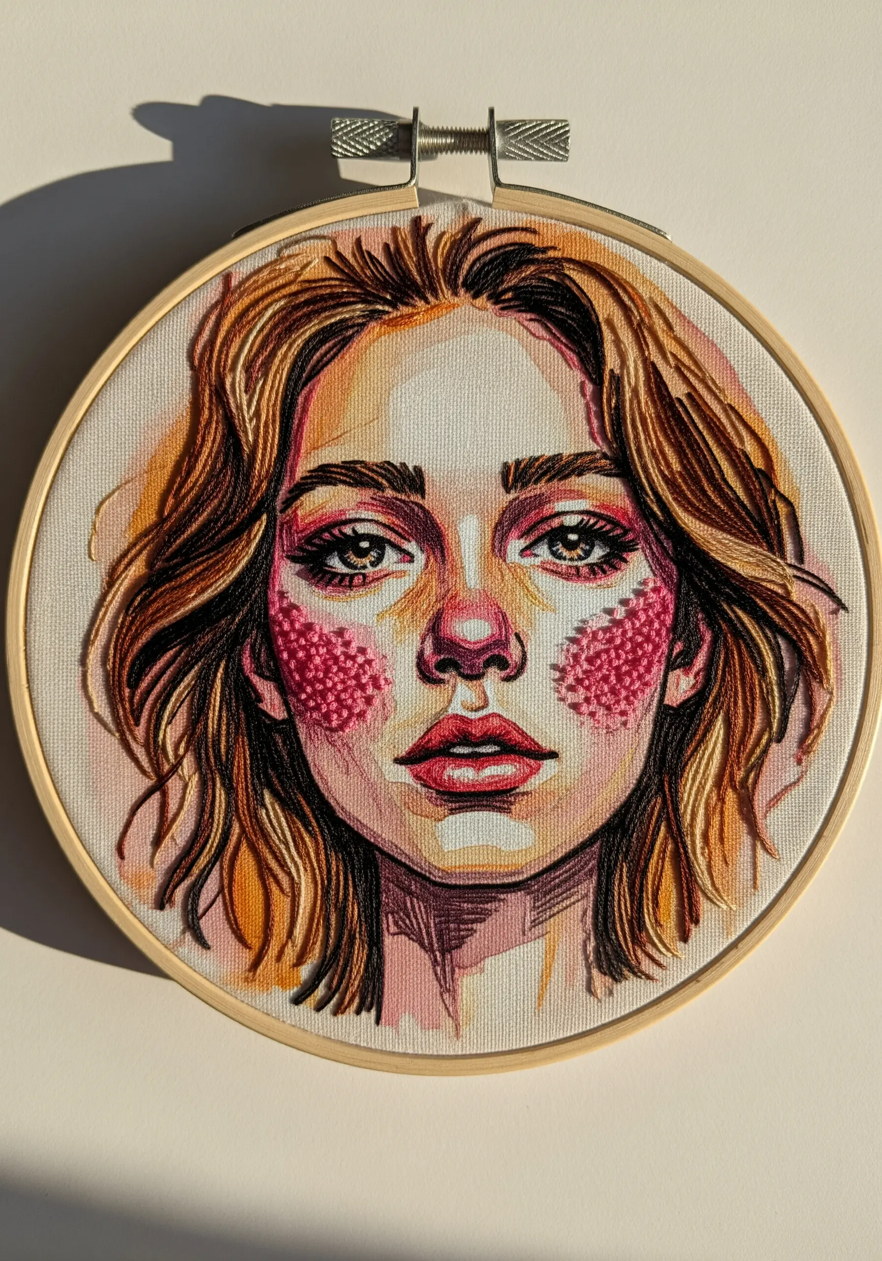 Embroidered portrait in a hoop, combining line art with French knots for blush on the cheeks.