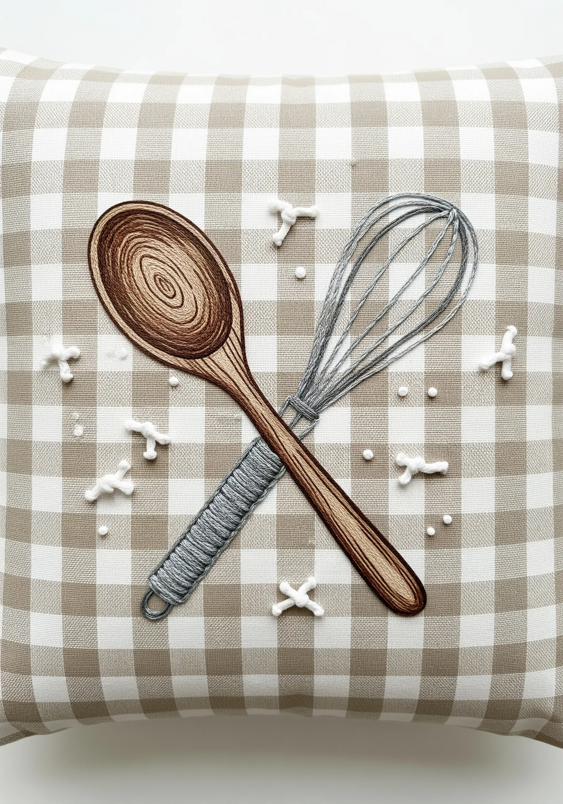 Embroidered wooden spoon and whisk on a beige and white gingham cushion.