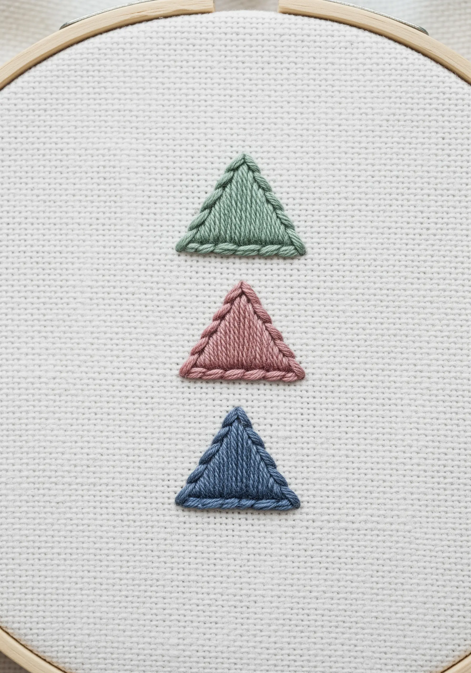 Three small embroidered triangles in muted green, pink, and blue, with braided borders.