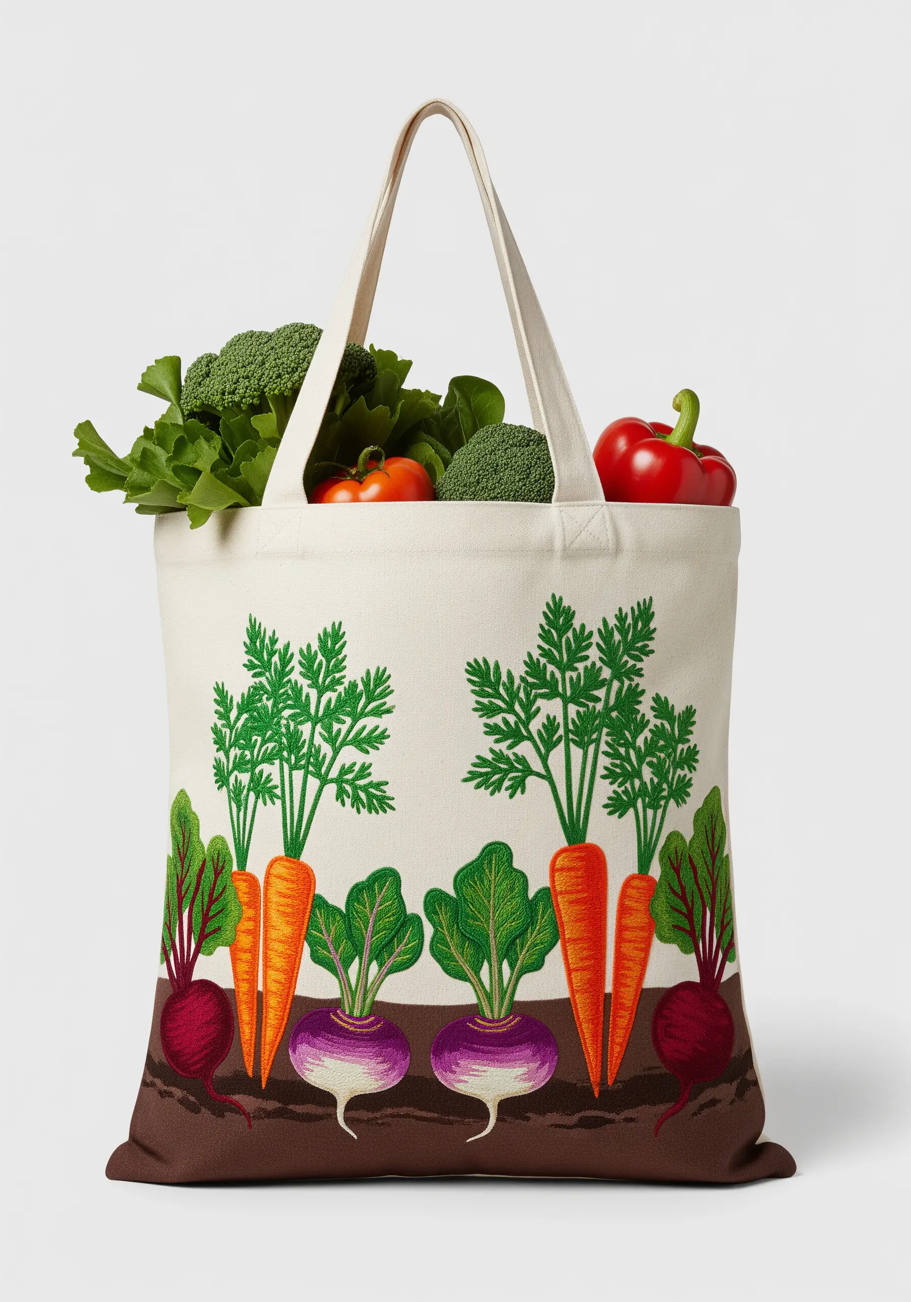 A graphic vegetable garden with carrots, beets, and turnips embroidered along the bottom of a tote.