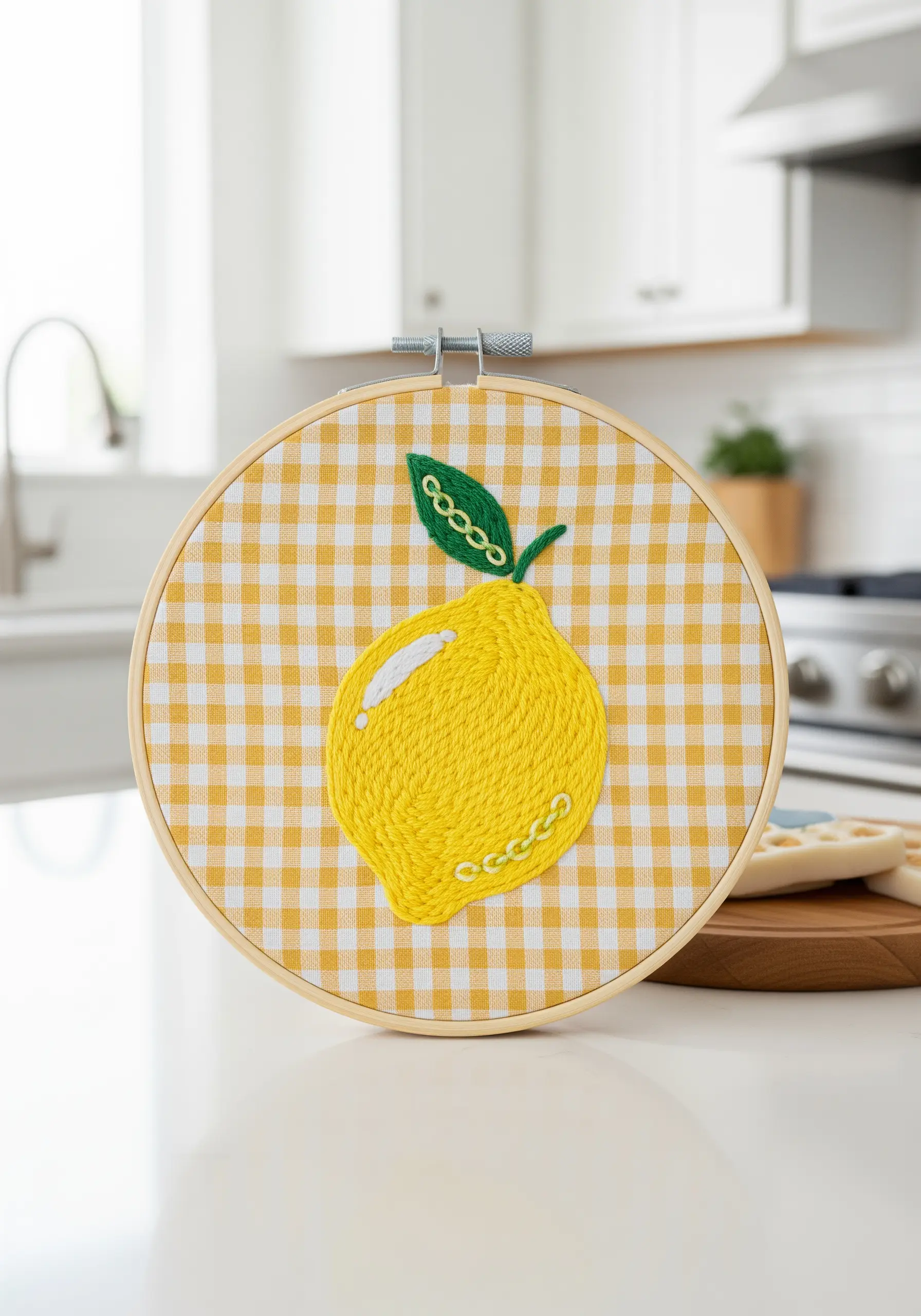 Embroidered lemon on gingham fabric using chain stitch outline and brick stitch fill.