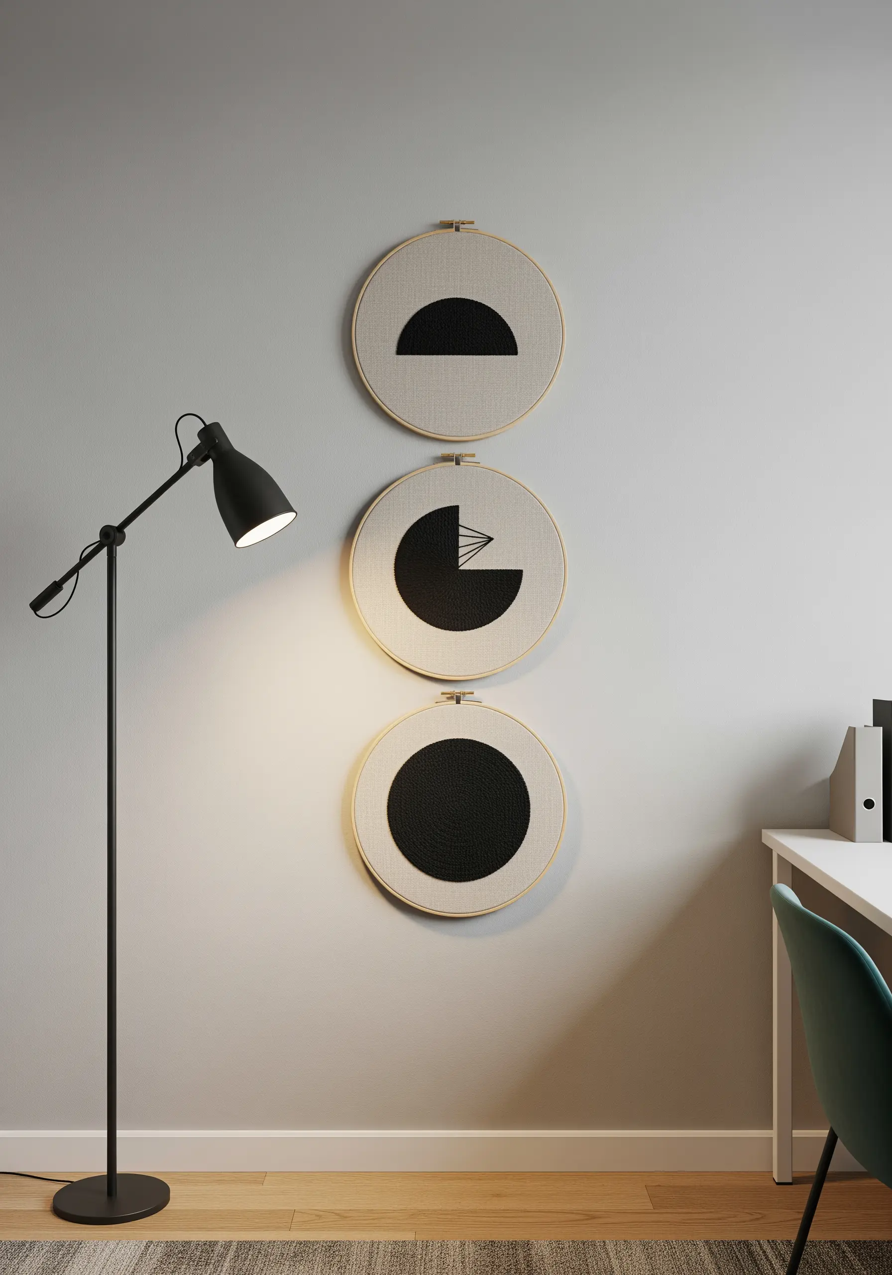 A trio of embroidery hoops with bold black geometric shapes filled with dense satin stitch.