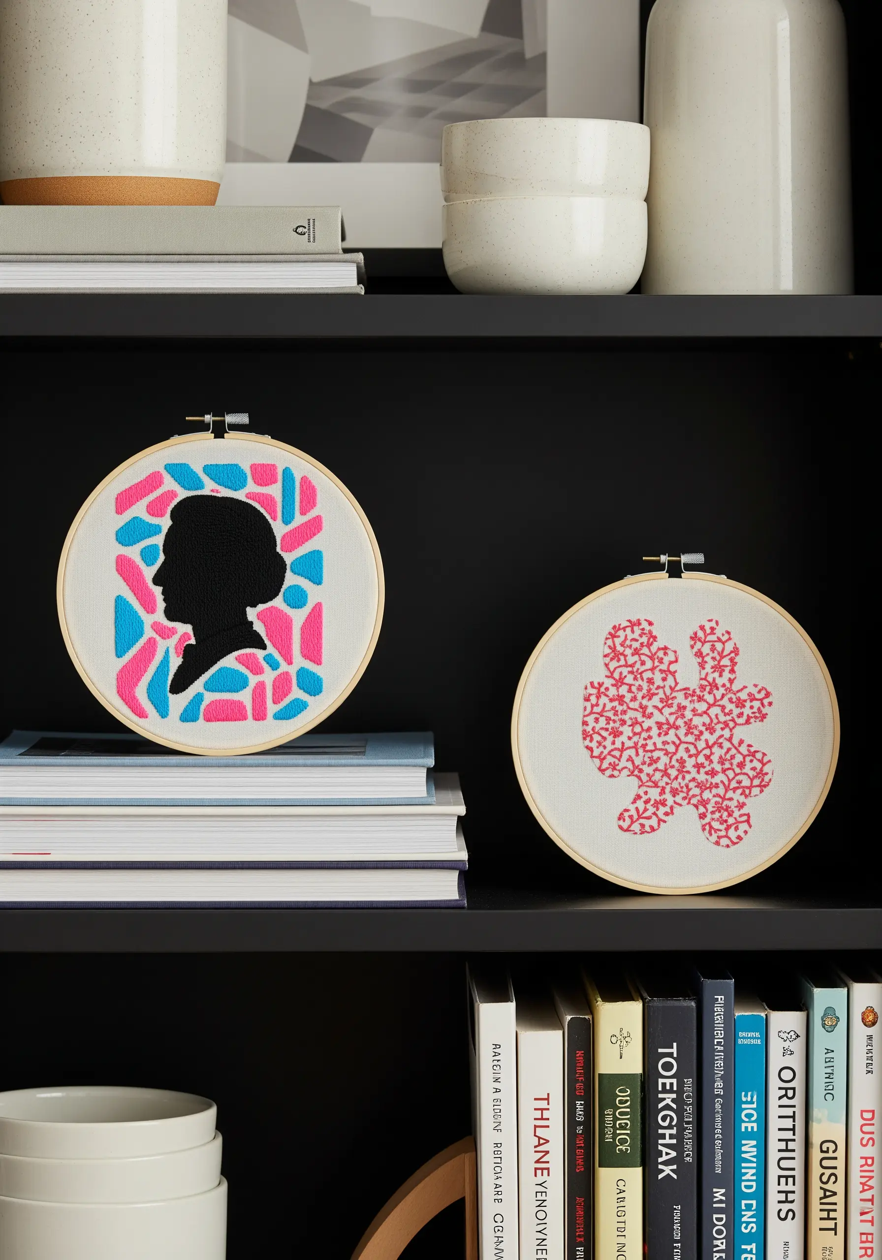Modern embroidery of a silhouette defined by a colorful, geometric-patterned background.