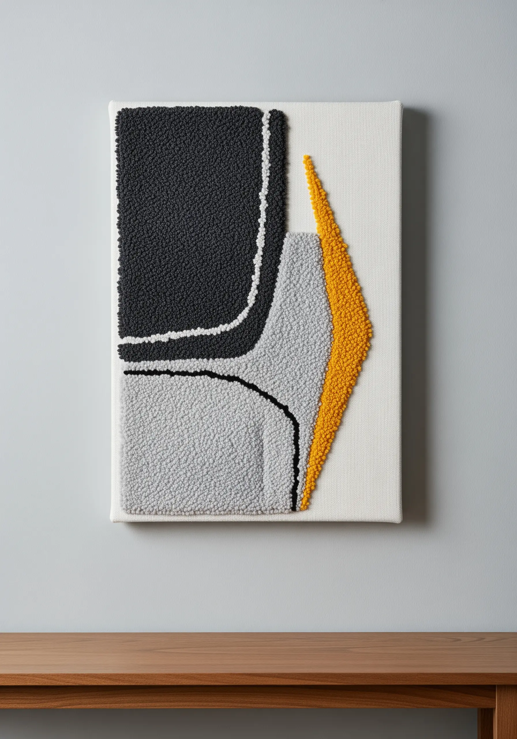 A punch needle artwork with abstract shapes in charcoal, grey, and yellow on a white canvas.