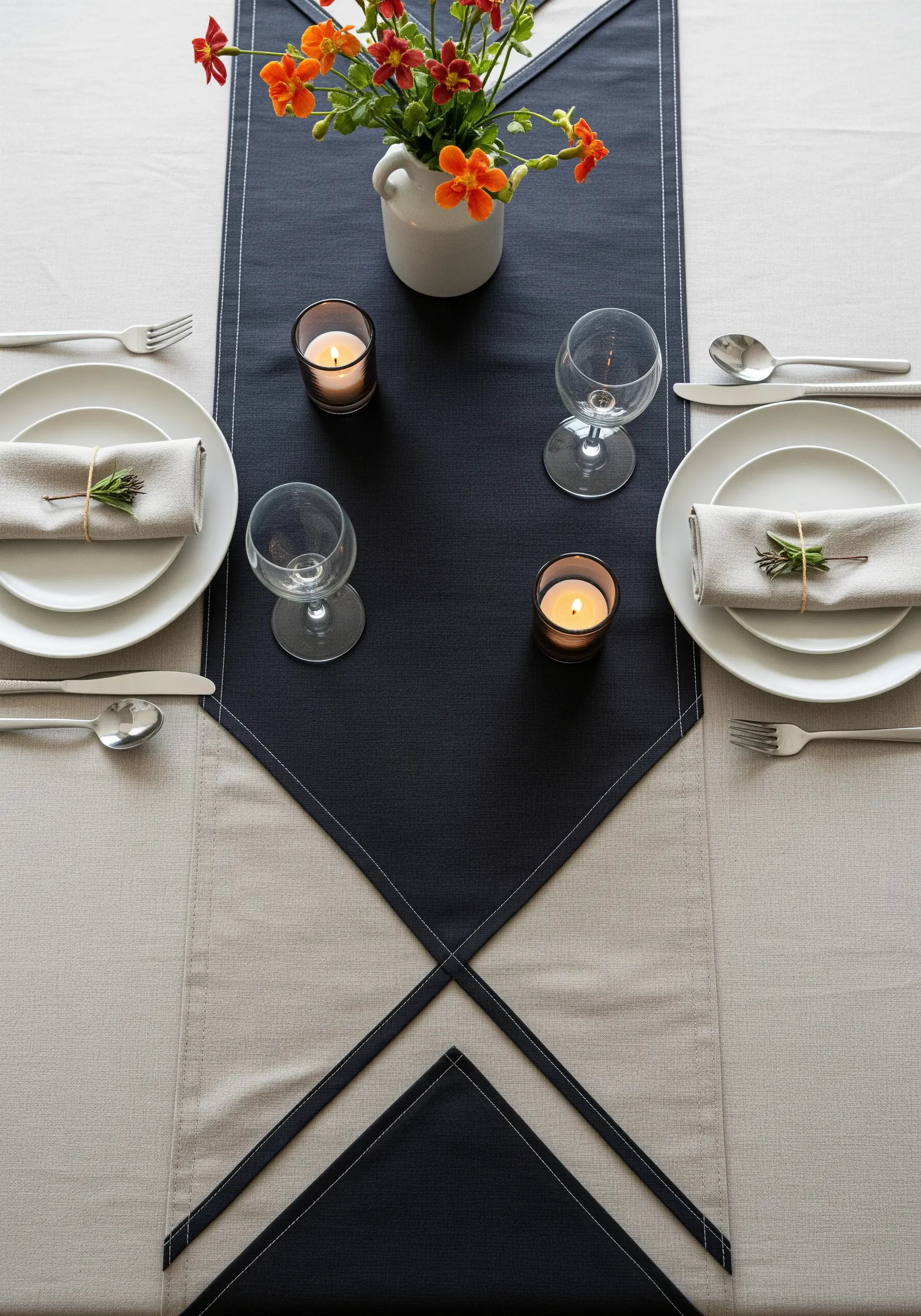 A modern table setting with a navy and beige geometric table runner.
