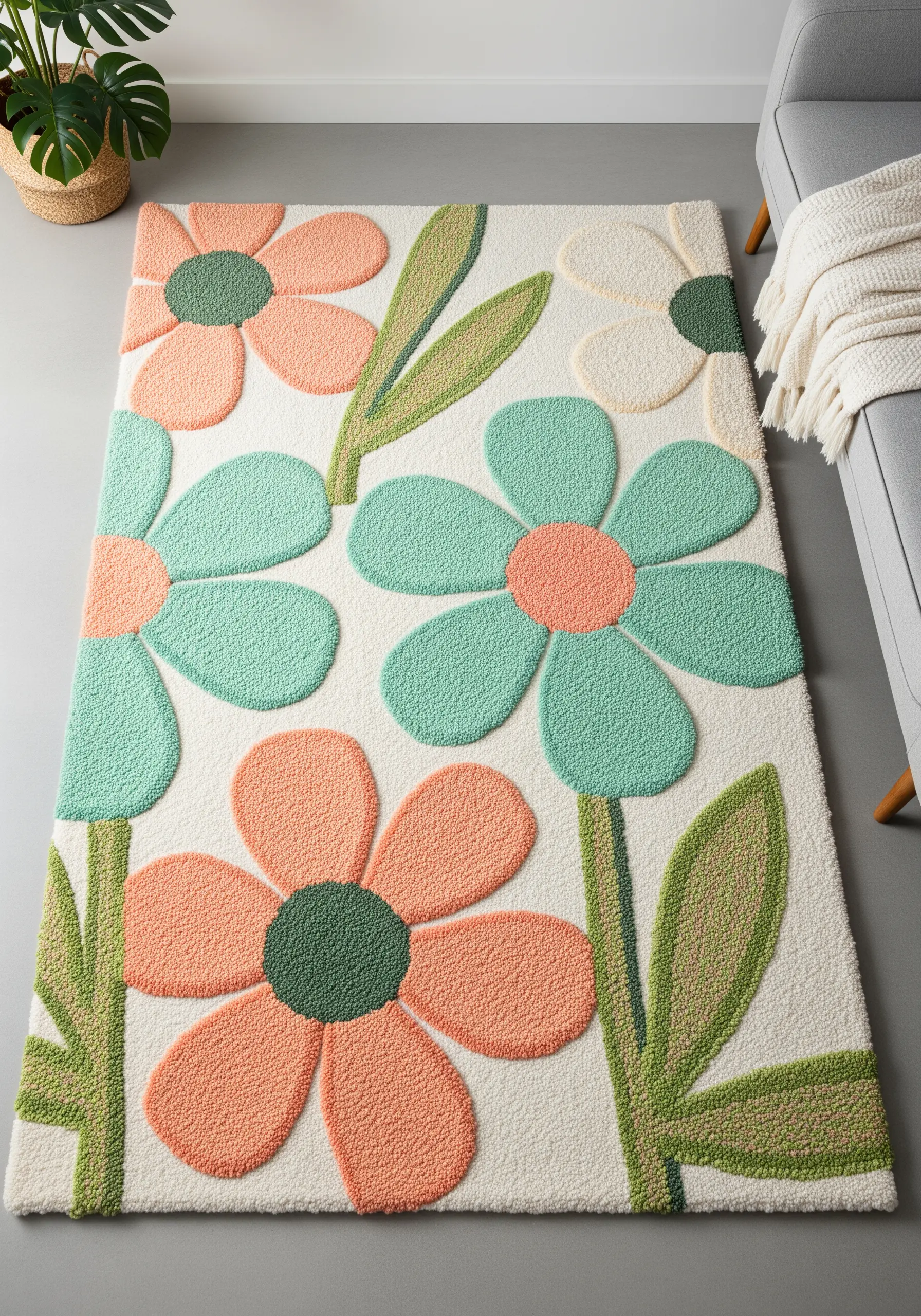 A tufted floral rug with large, graphic flowers in peach, mint green, and cream.