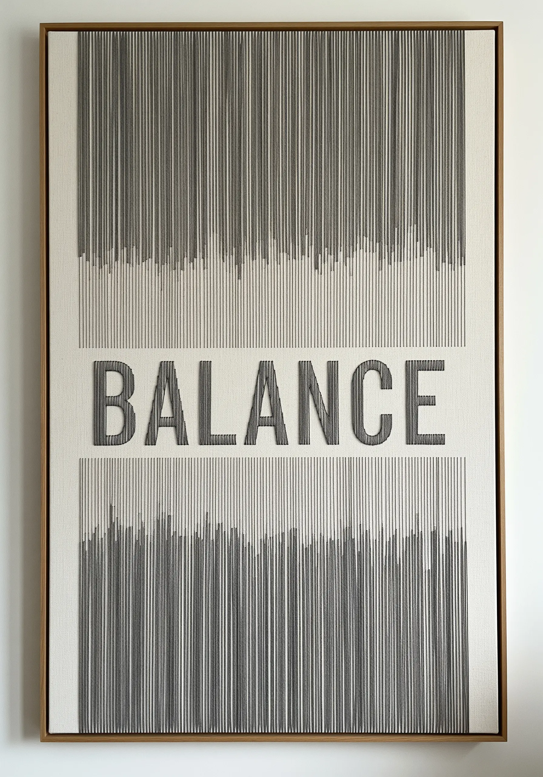 Grey typography created with negative space between fields of vertical straight stitches.