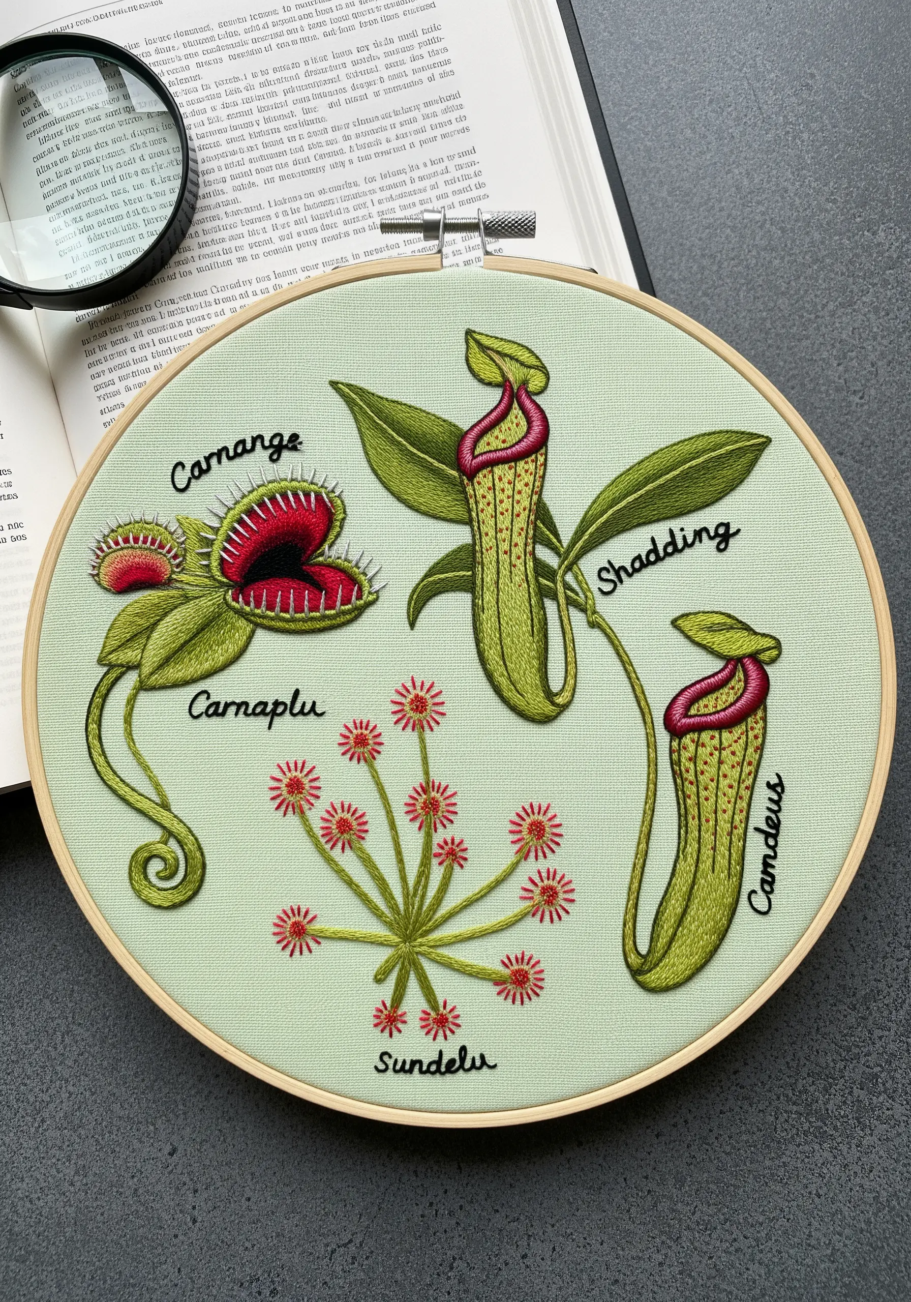 A botanical illustration style embroidery of carnivorous plants like a Venus flytrap.