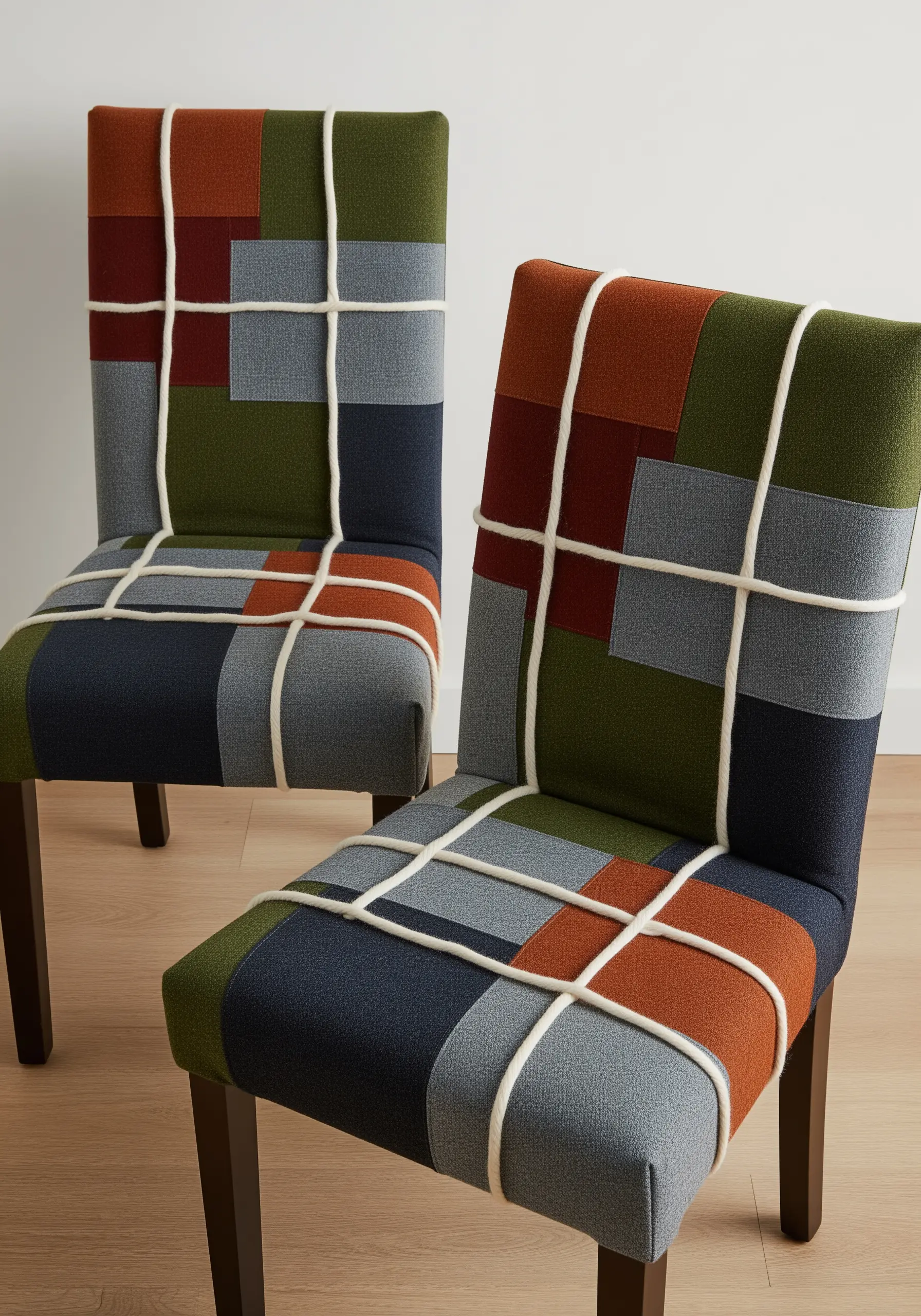 Patchwork upholstered dining chairs wrapped in a grid of thick white architectural cord.