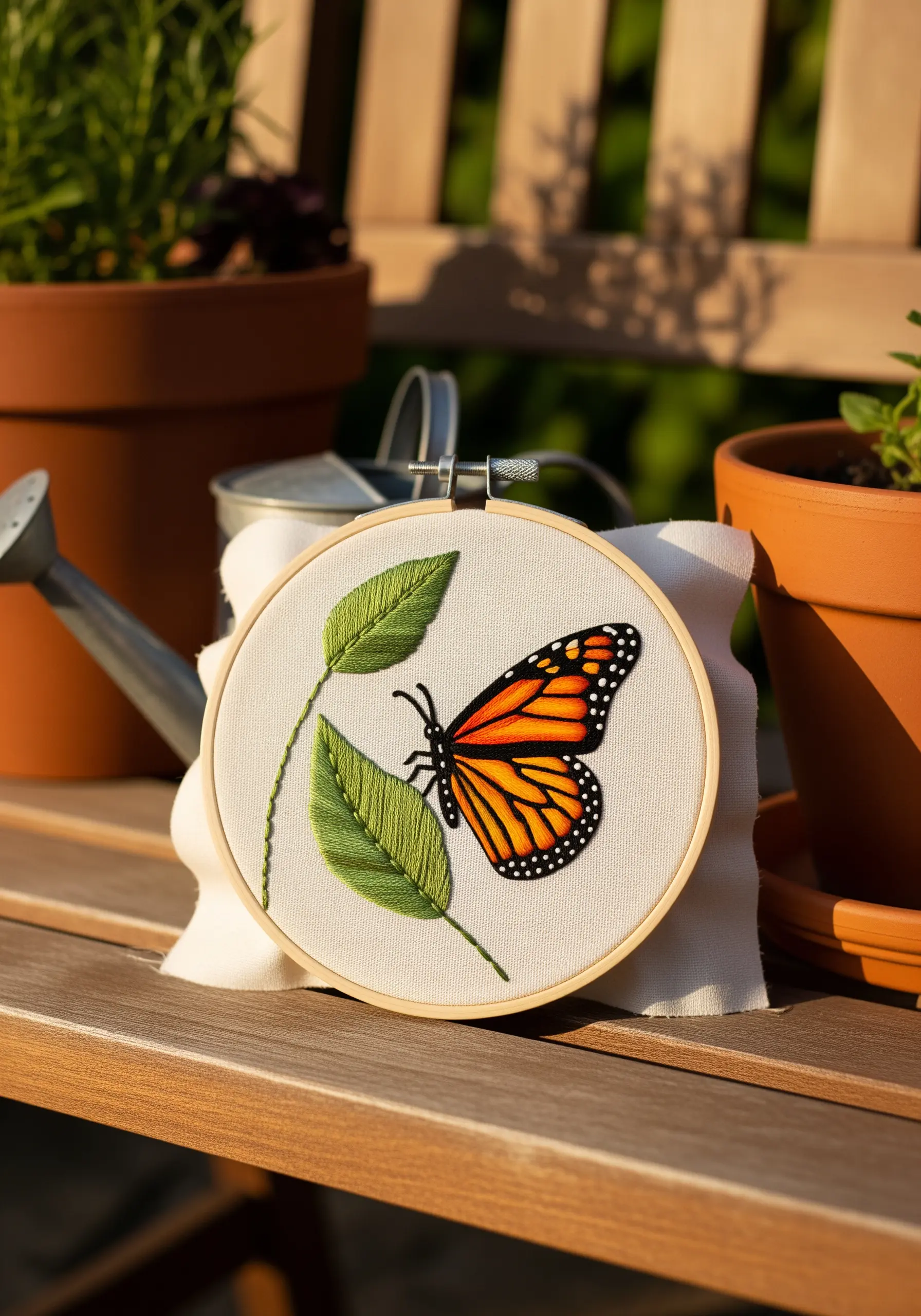 Embroidered monarch butterfly with neatly filled satin stitch wing sections on a leaf.