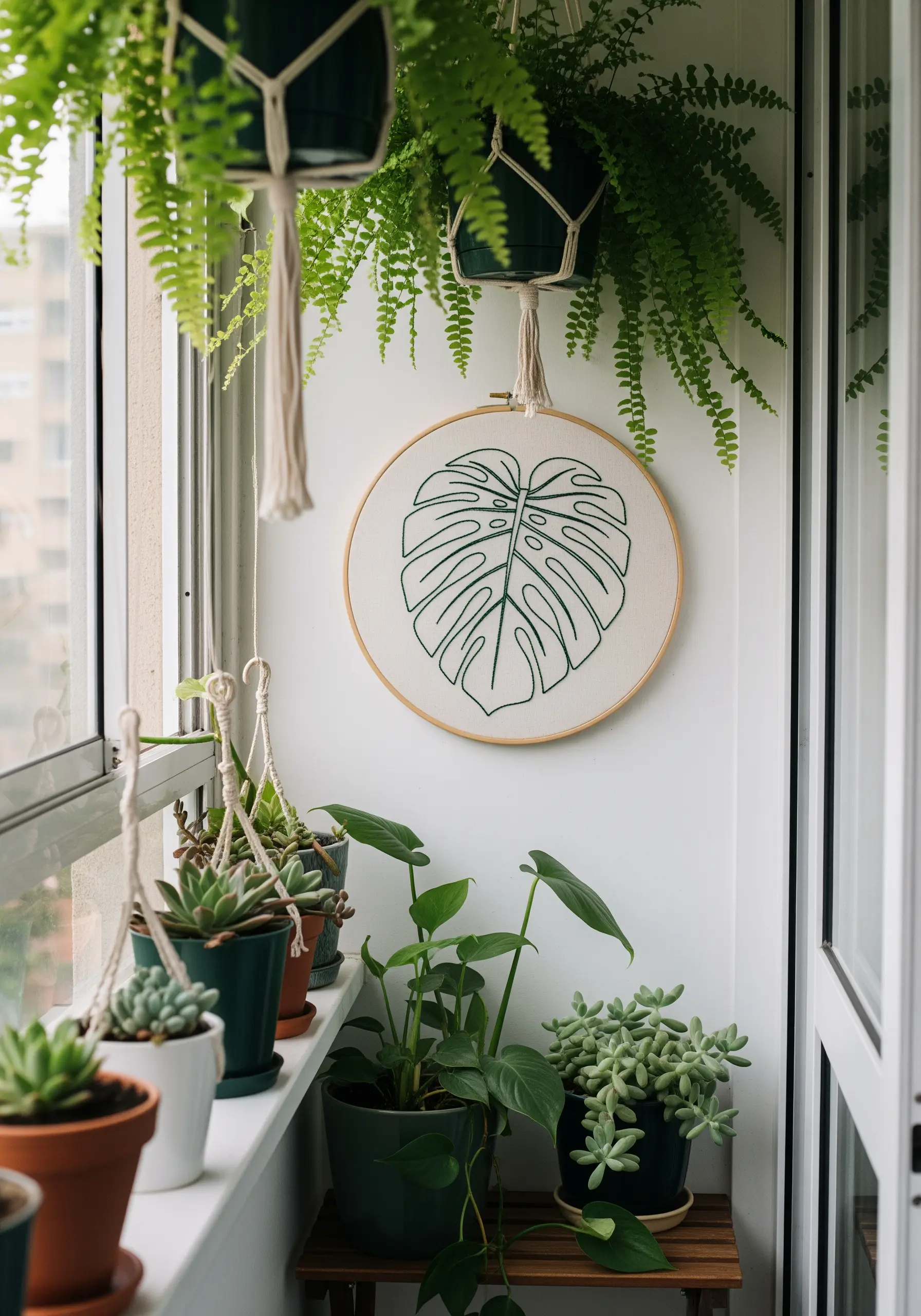 A minimalist outline of a monstera leaf embroidered in dark green thread.