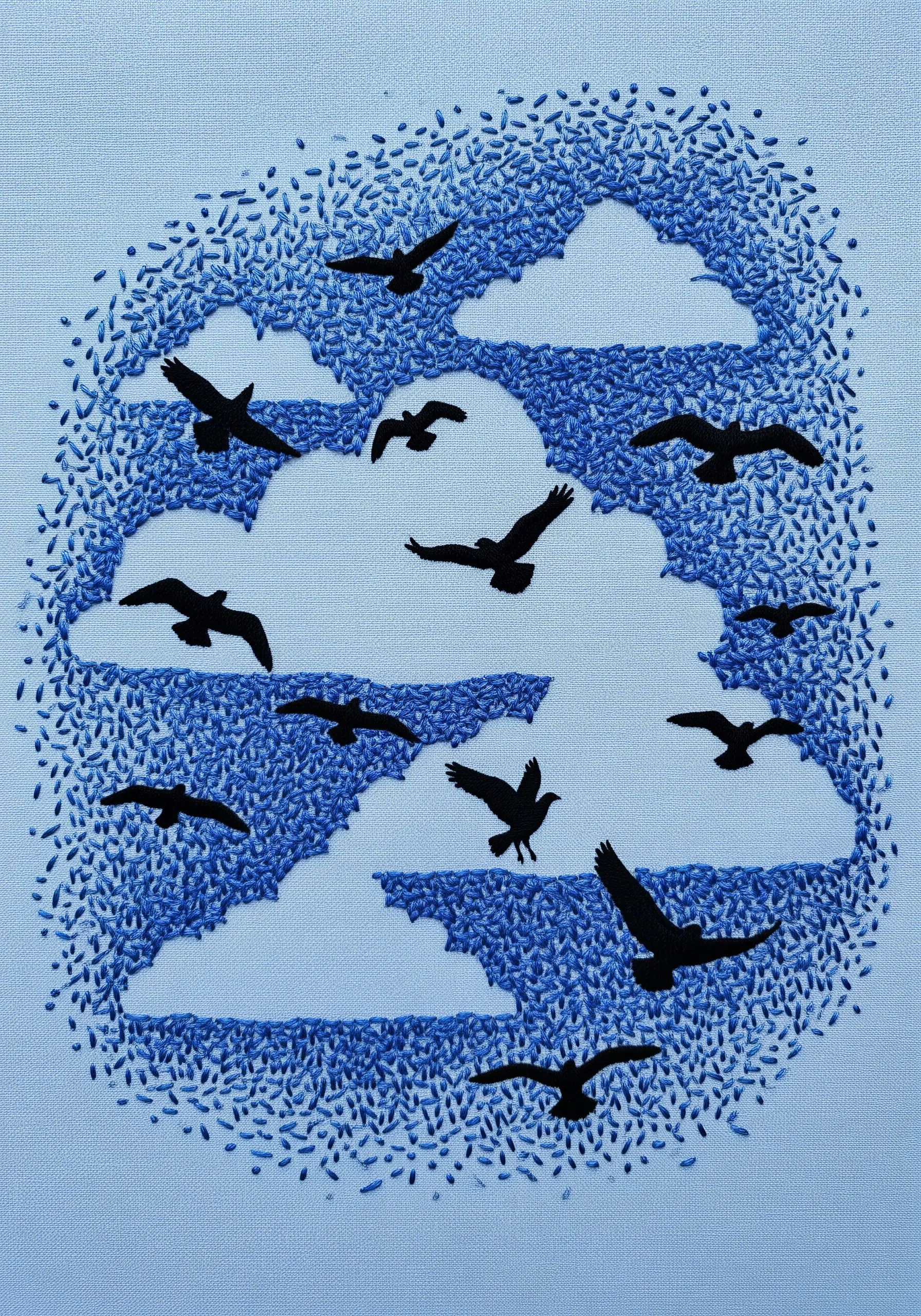 Negative space cloud formation with silhouette birds