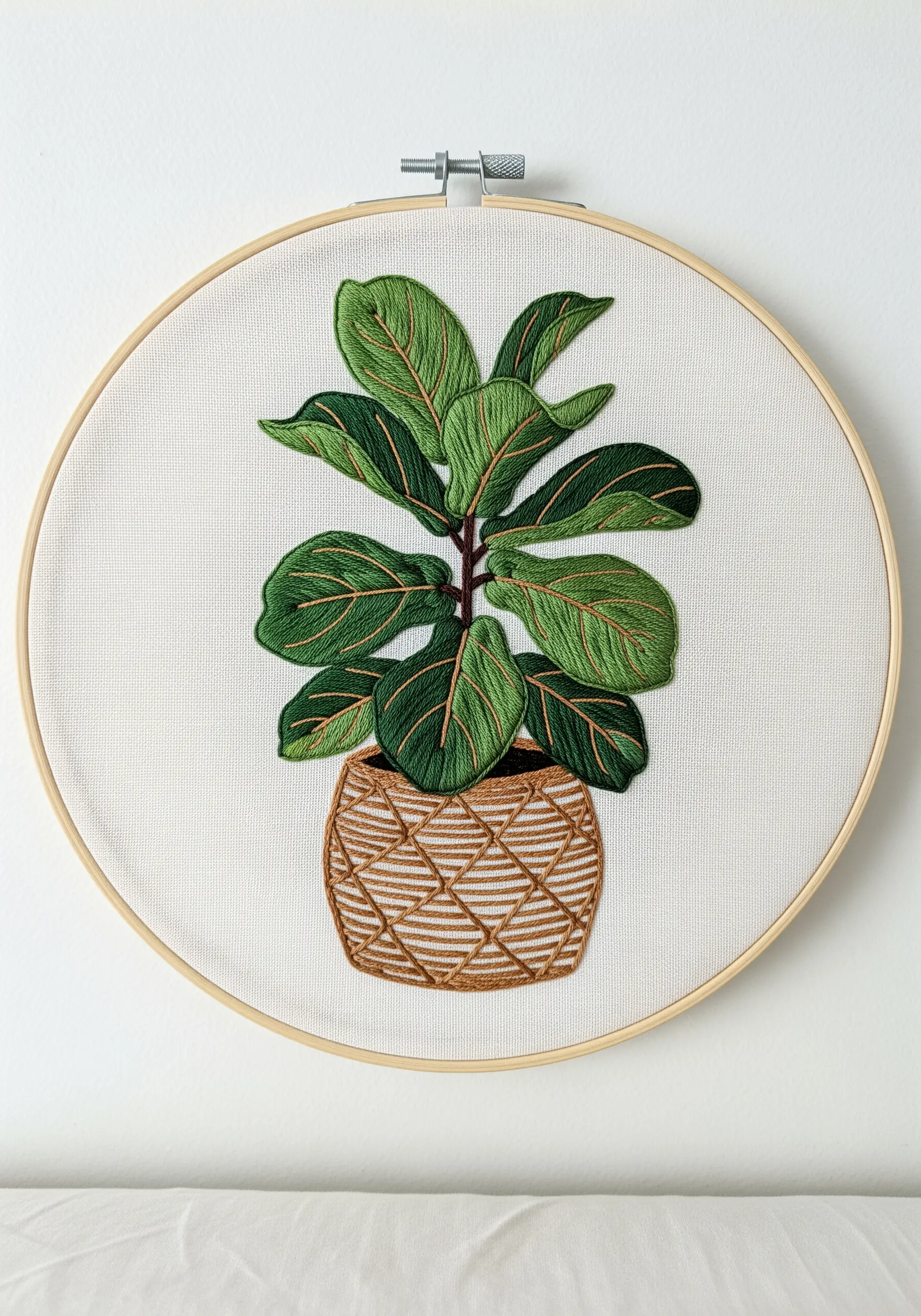 Embroidered fiddle leaf fig plant with detailed rust-colored vein stitching.
