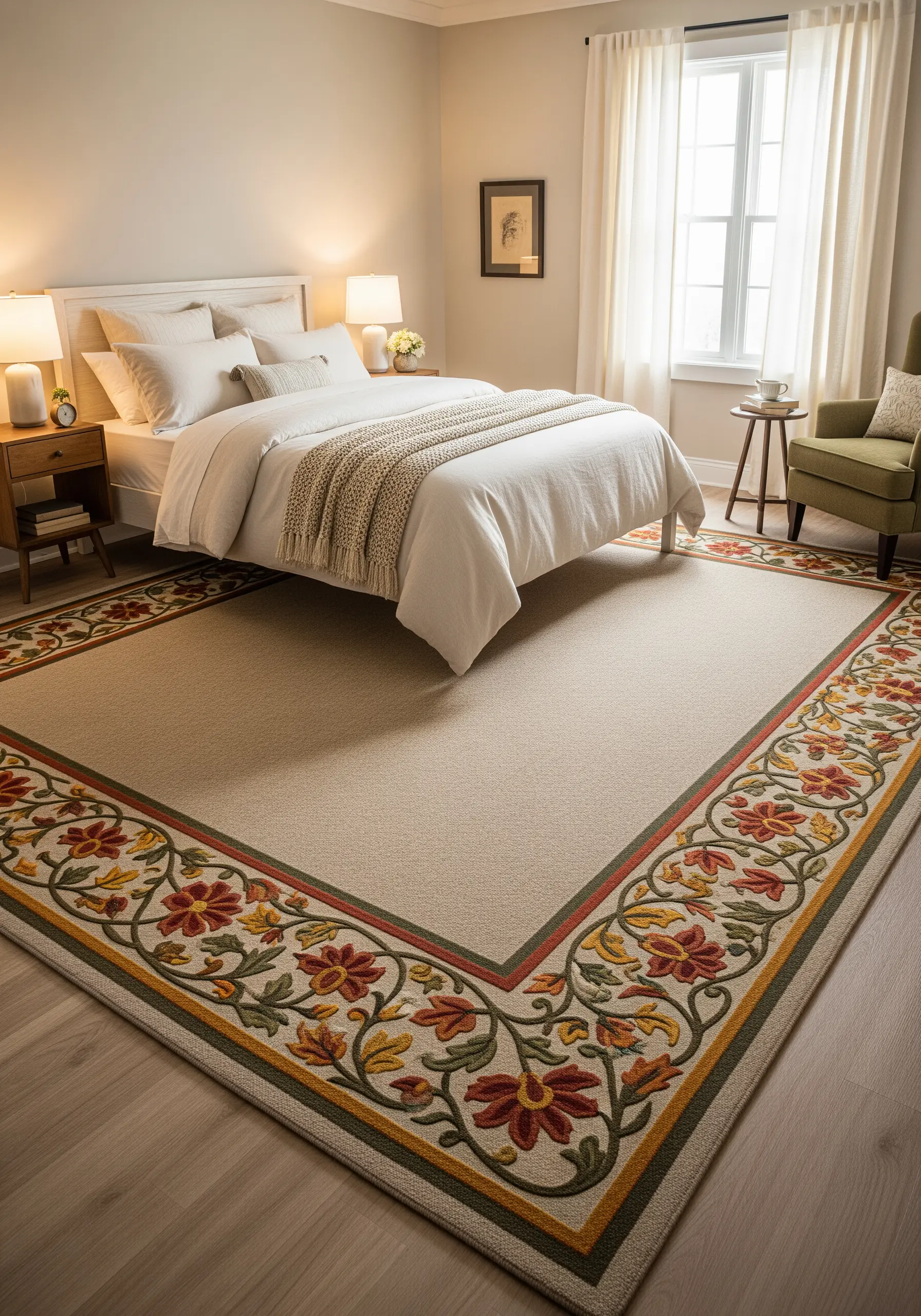 Large area rug with green and red floral embroidery border