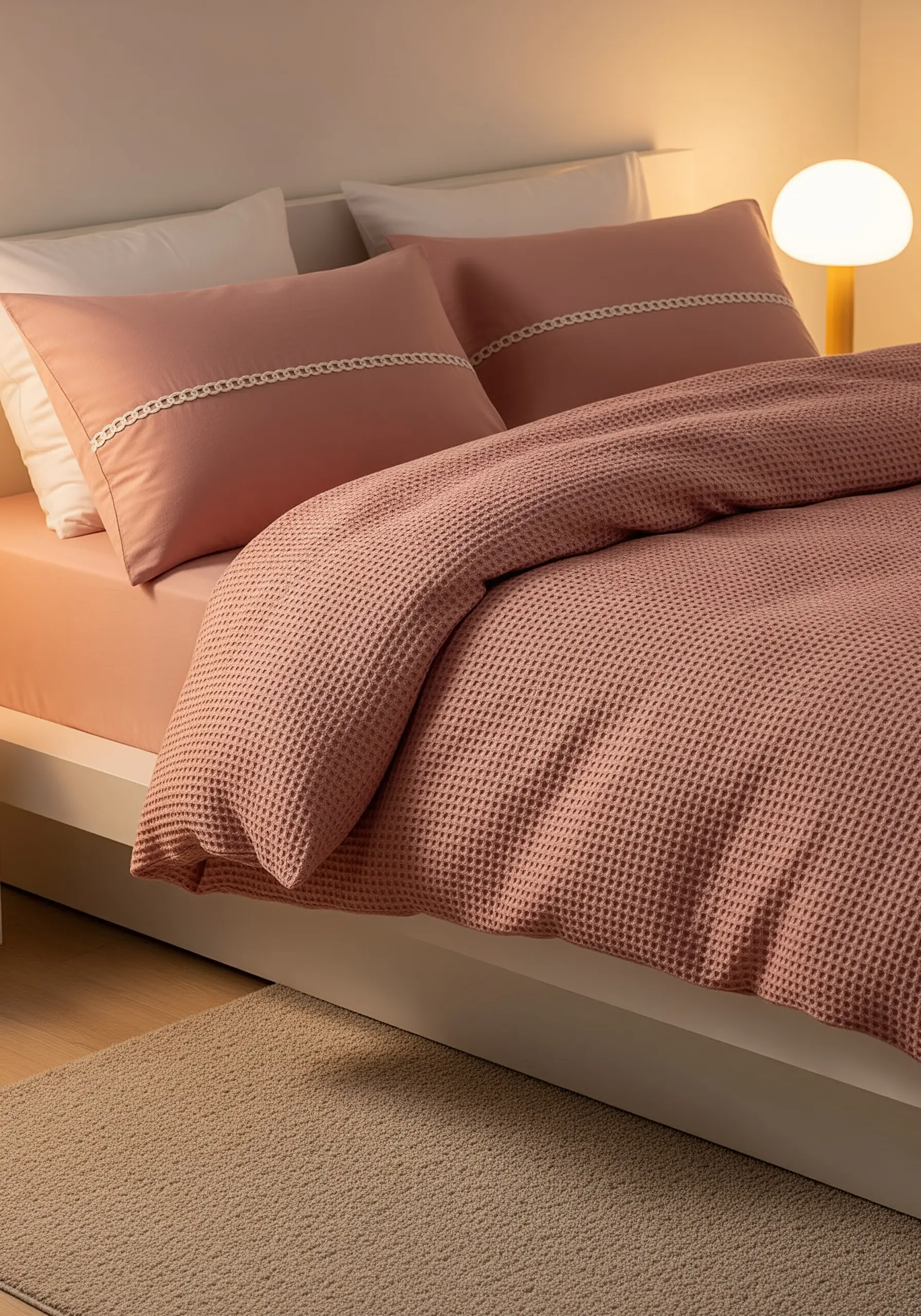 A decorative border of cream-colored open-work stitches on pink pillowcases.