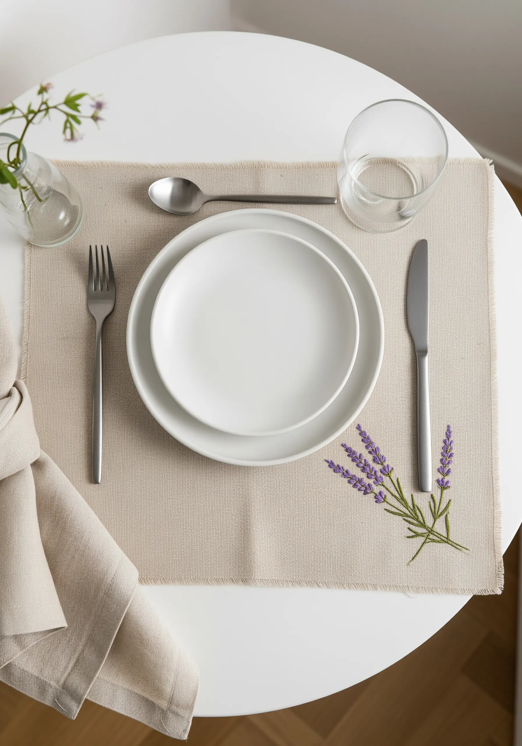 Lavender sprig embroidered with French knots and straight stitches on a linen placemat.