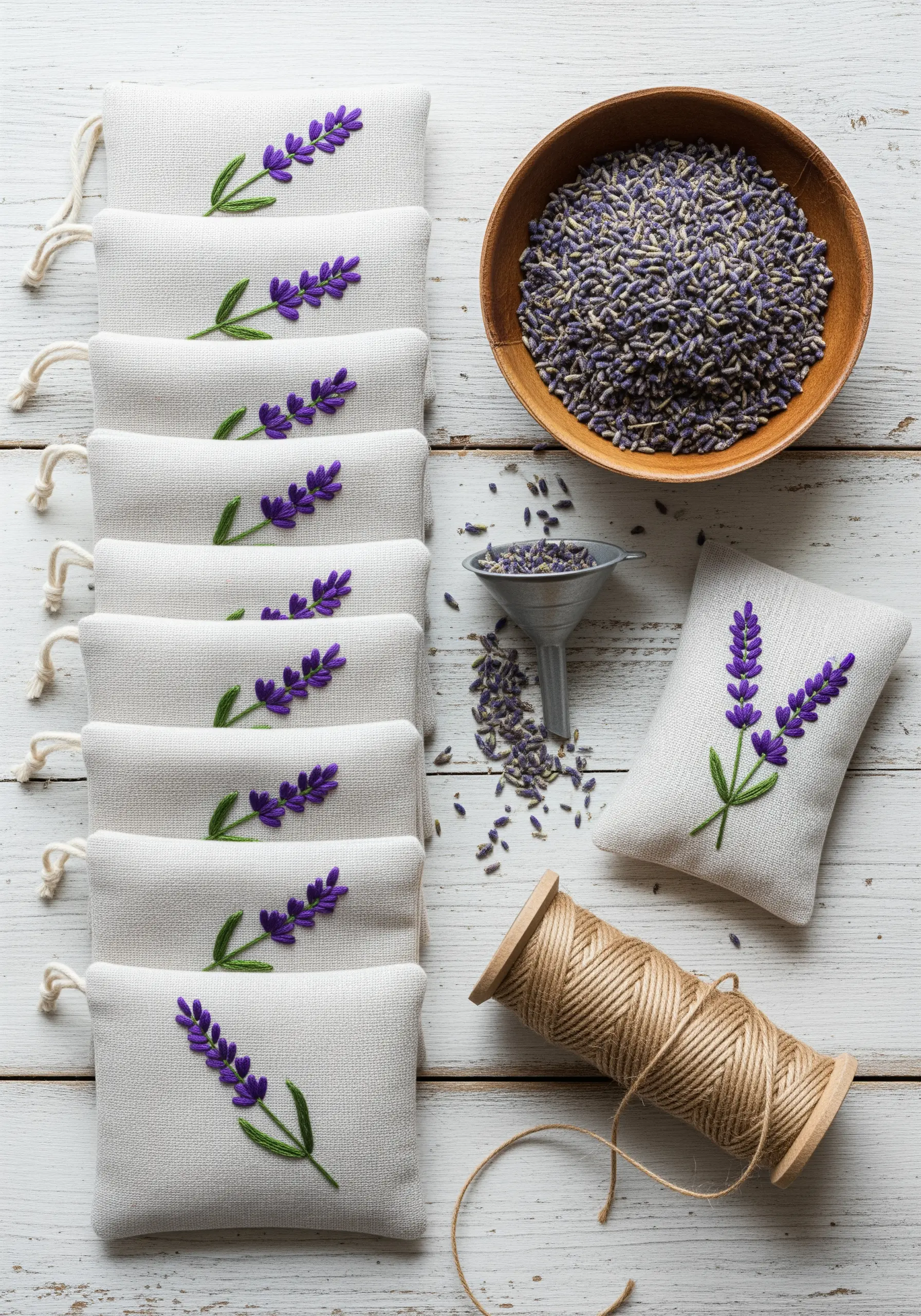 Small linen drawstring bags embroidered with a simple sprig of lavender.