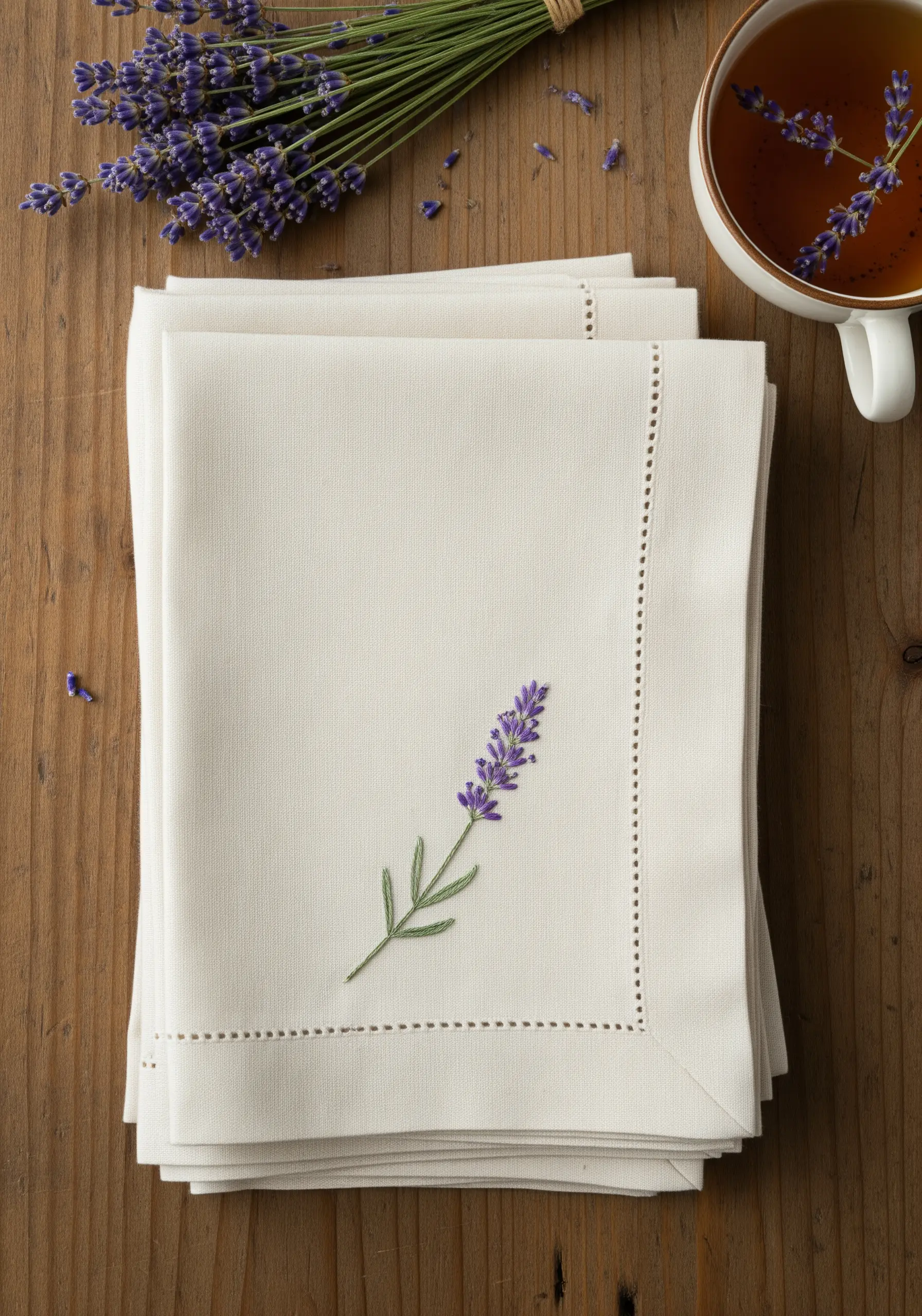 A single sprig of lavender embroidered on a white linen napkin.