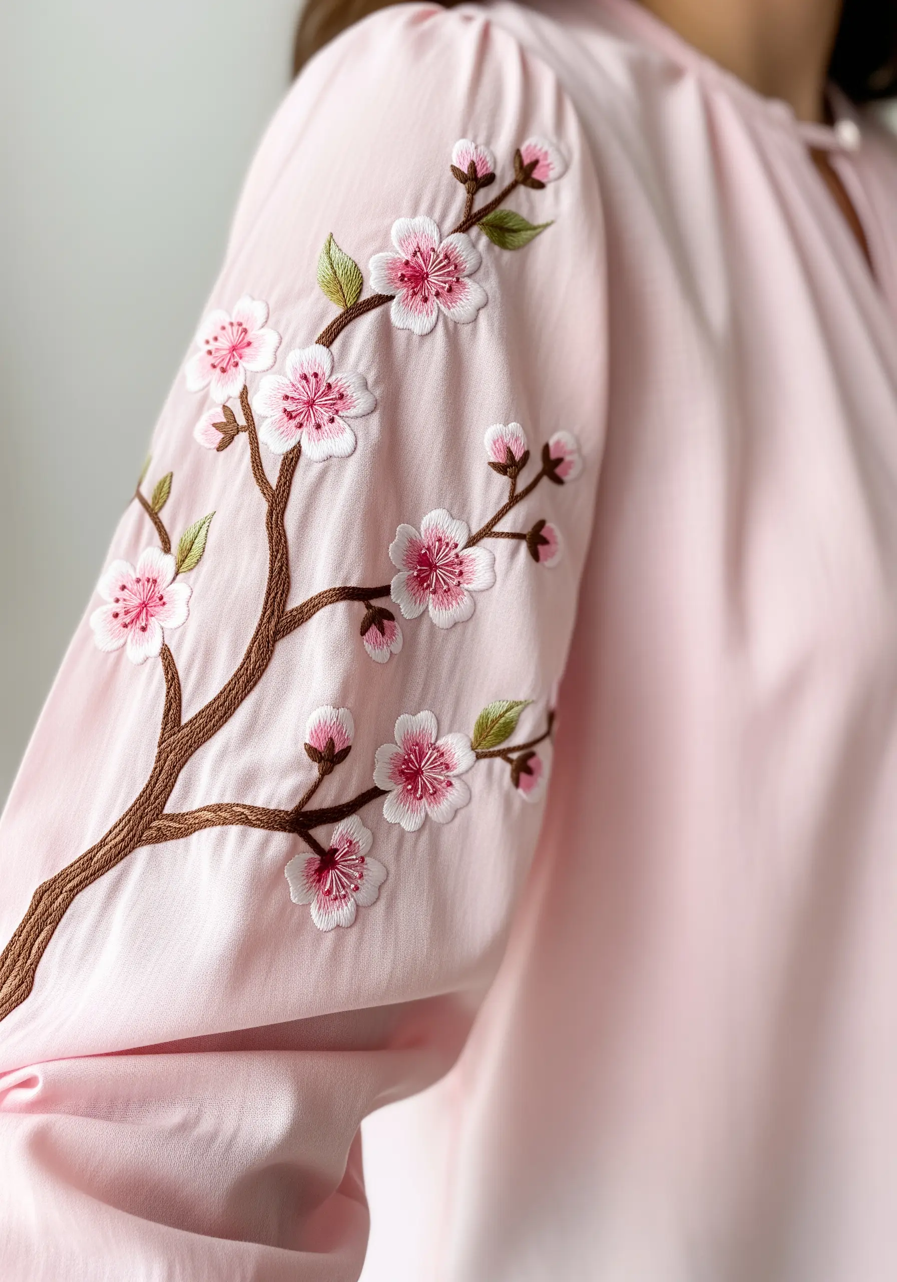 A delicate branch of embroidered cherry blossoms with pink and white petals on a light pink blouse.