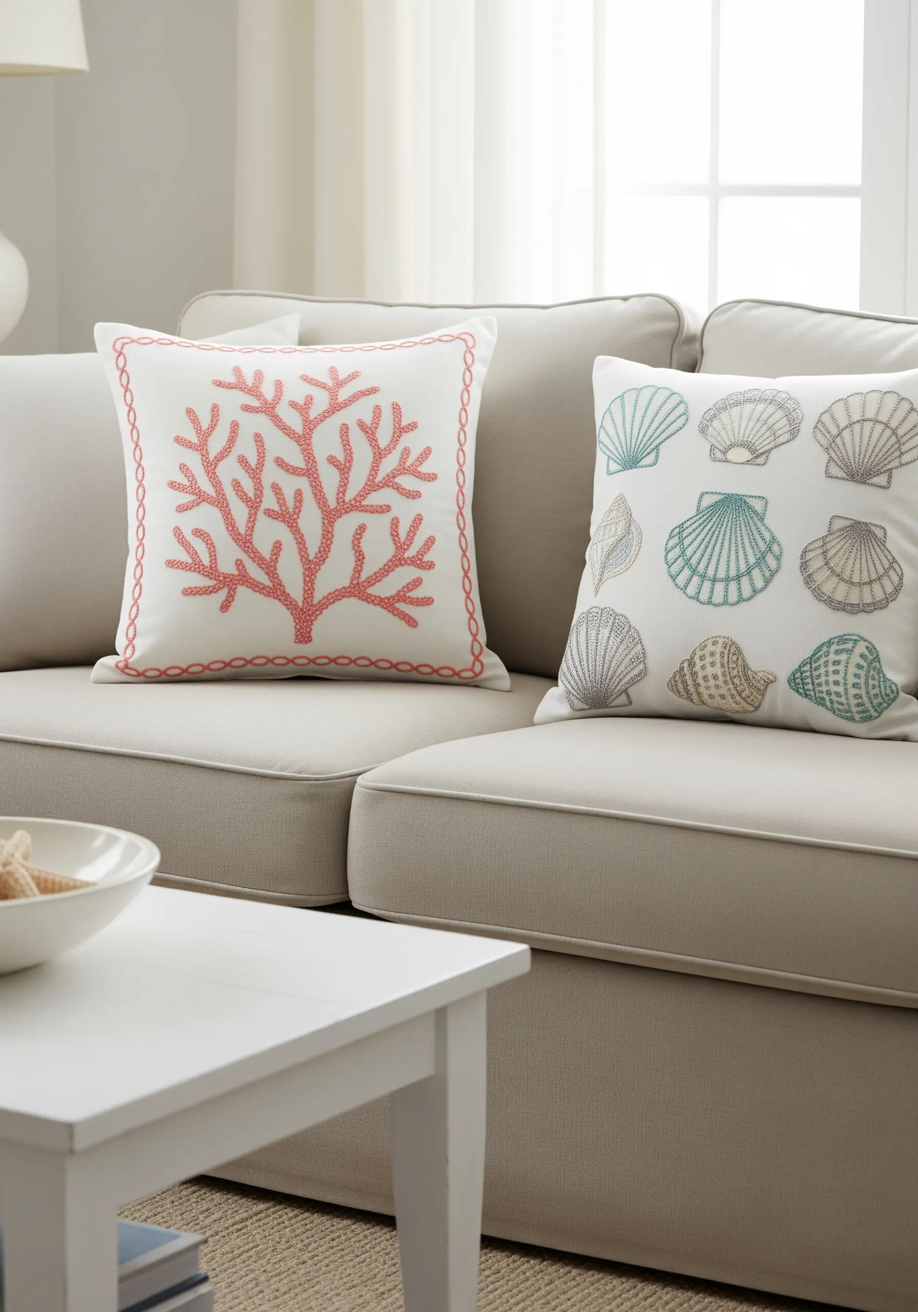 Embroidered coral pillow using French knots and a seashell pillow with fine outlines.