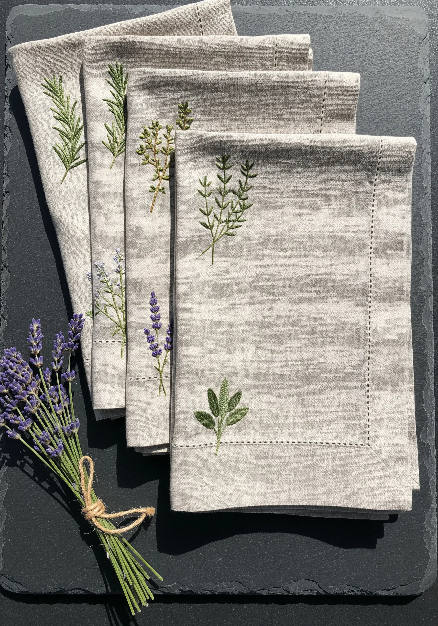 A set of linen napkins, each embroidered with a different culinary herb like rosemary and lavender.