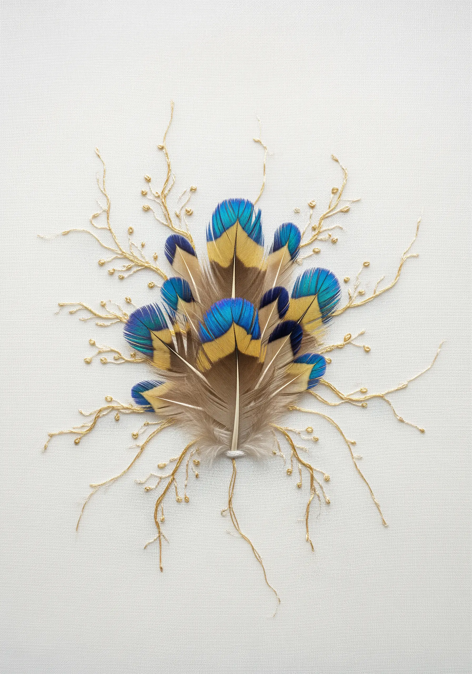 Mixed-media embroidery incorporating blue and yellow feathers with gold beaded branches.