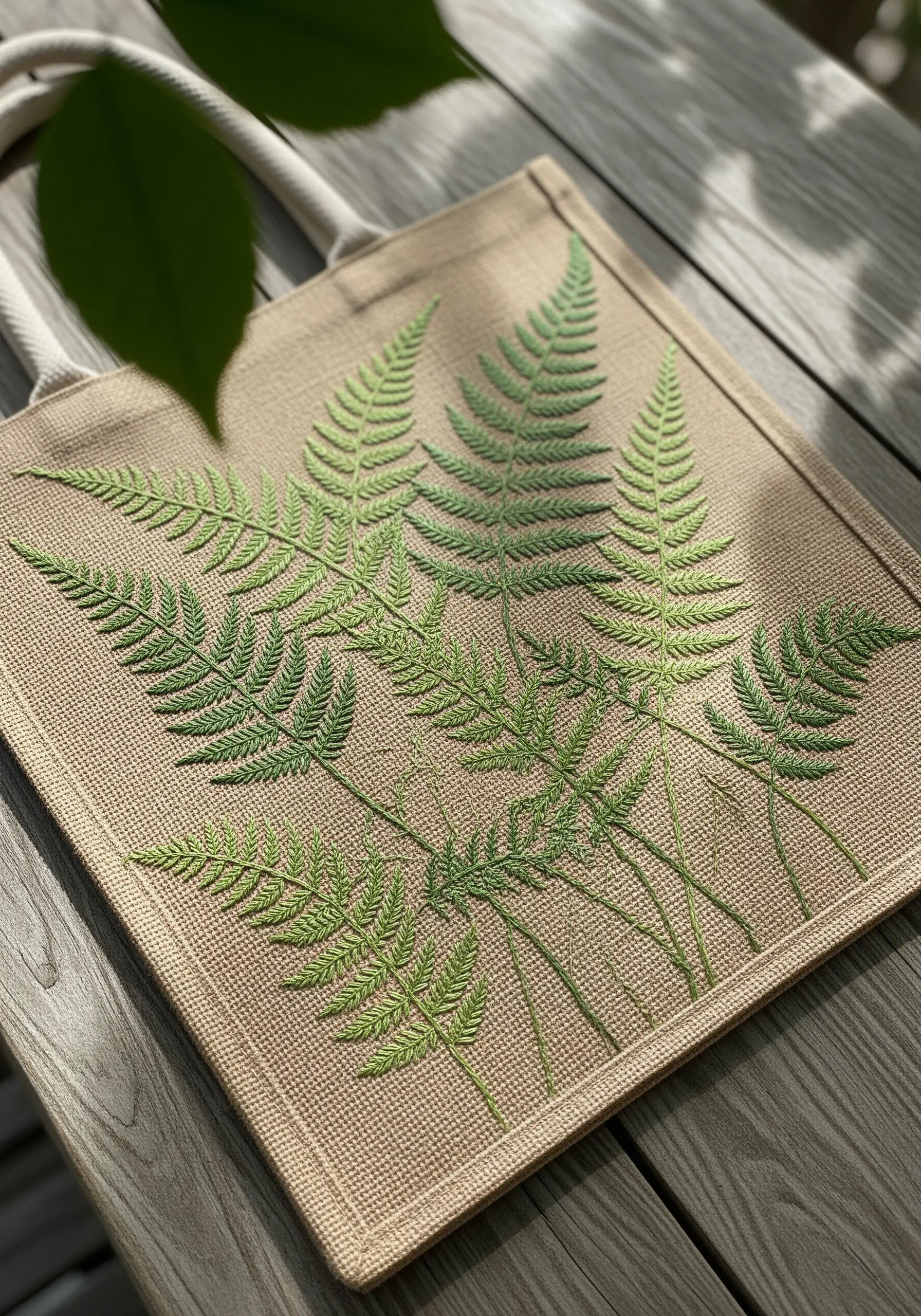 Detailed green fern embroidery on a coarse, natural jute tote bag.