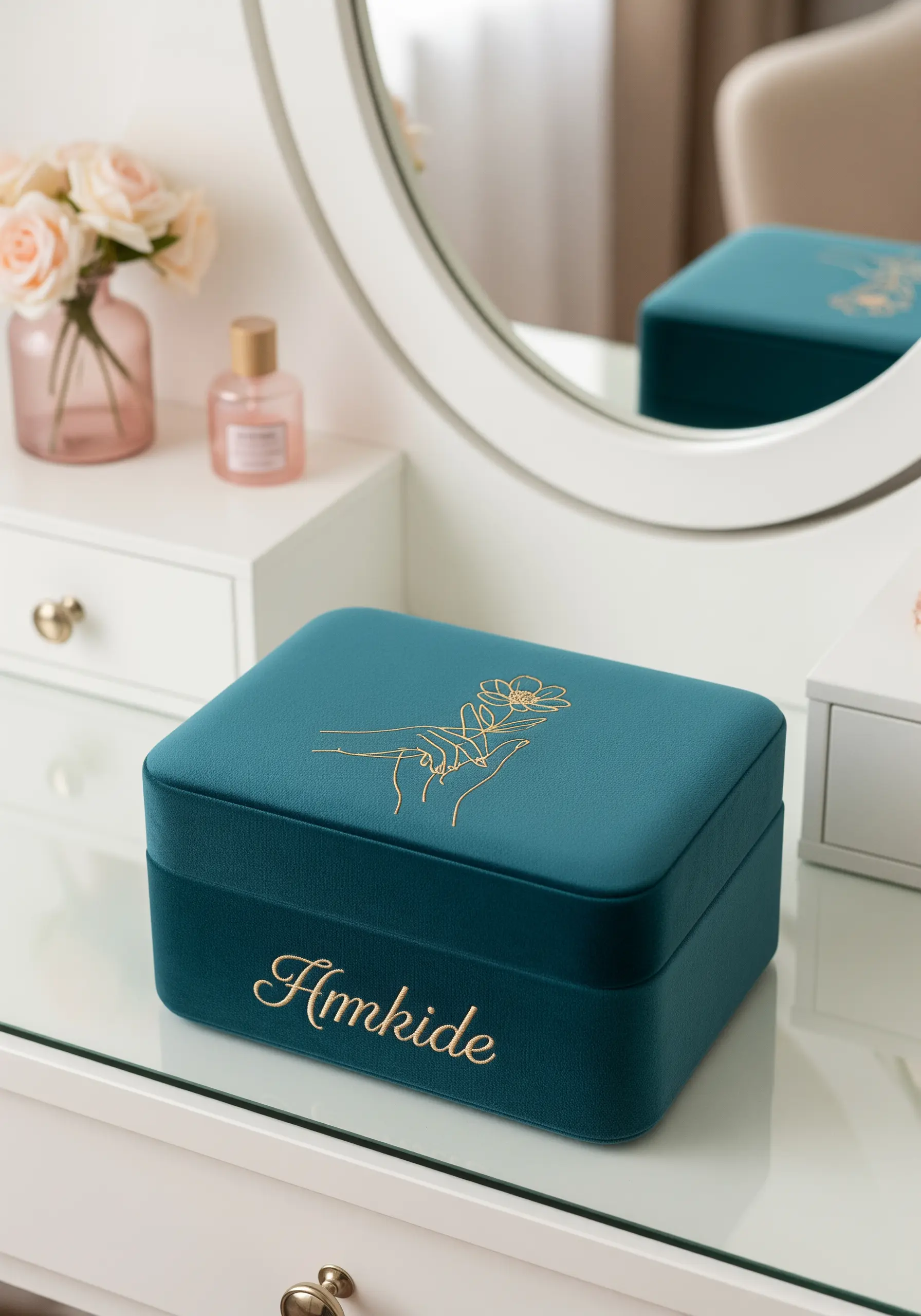 Gold thread embroidery of hands holding a flower on the lid of a teal velvet jewelry box.