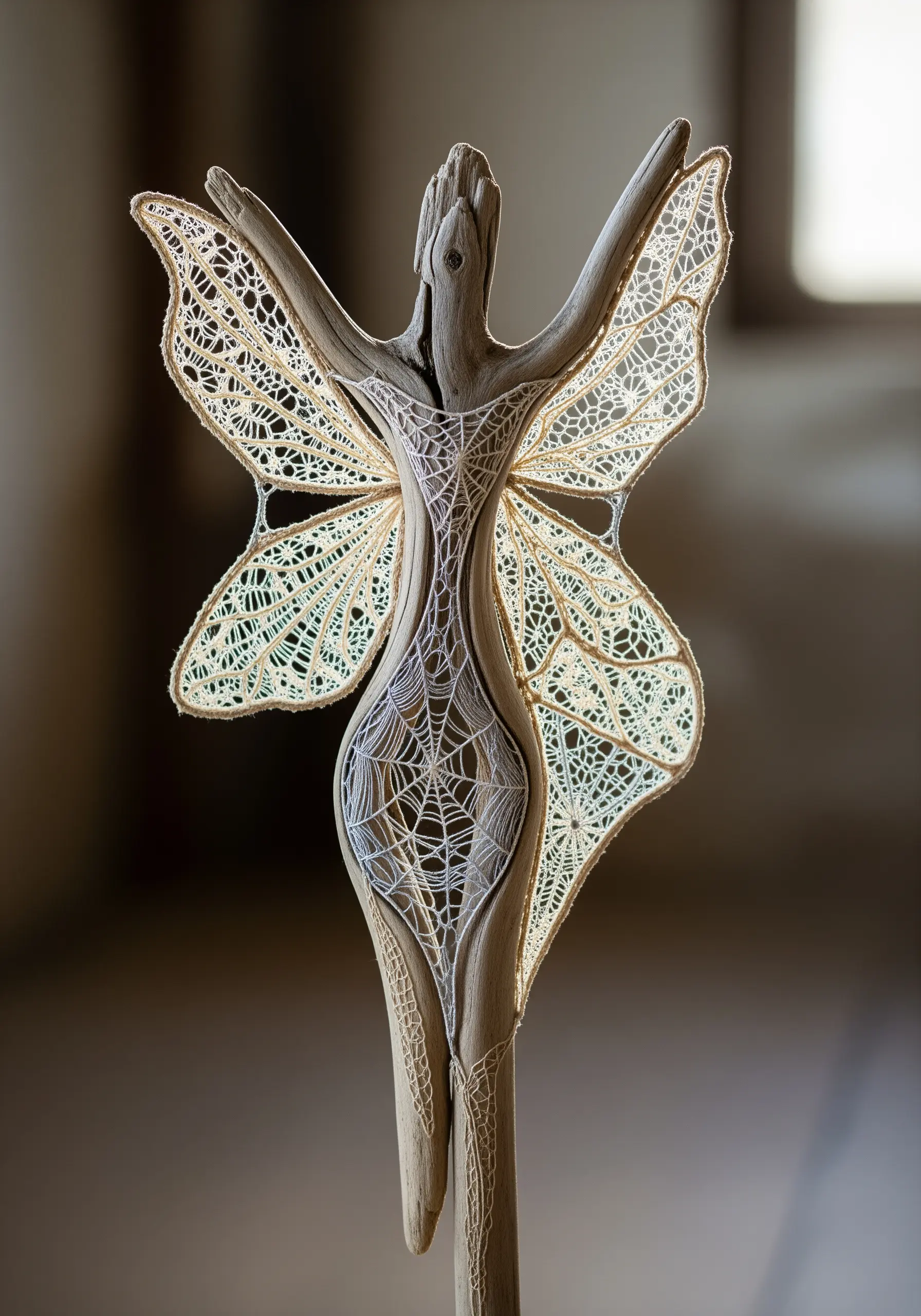 Driftwood sculpture with delicate white lace wings