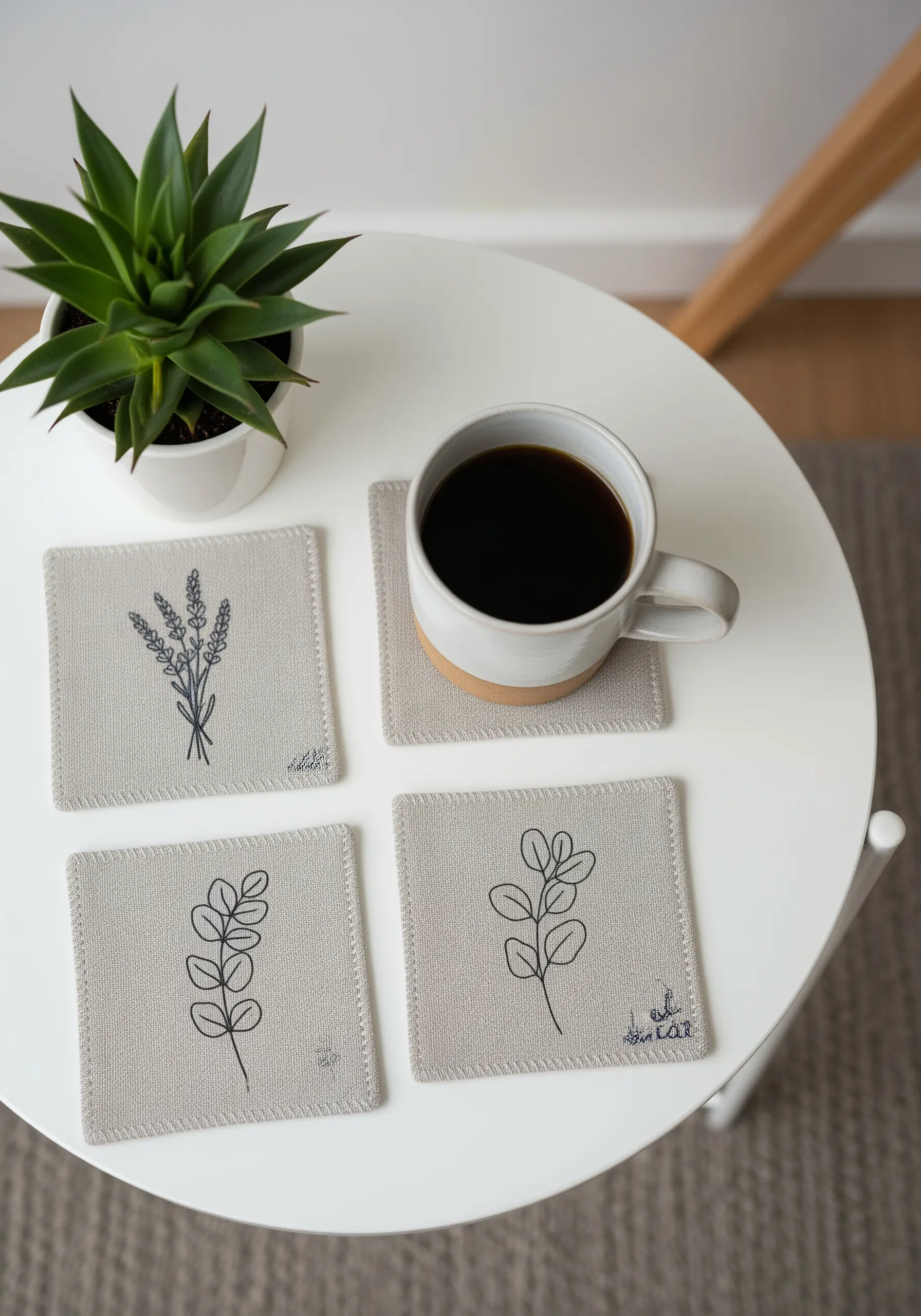 Linen coasters with delicate, single-thread line drawings of lavender and eucalyptus.