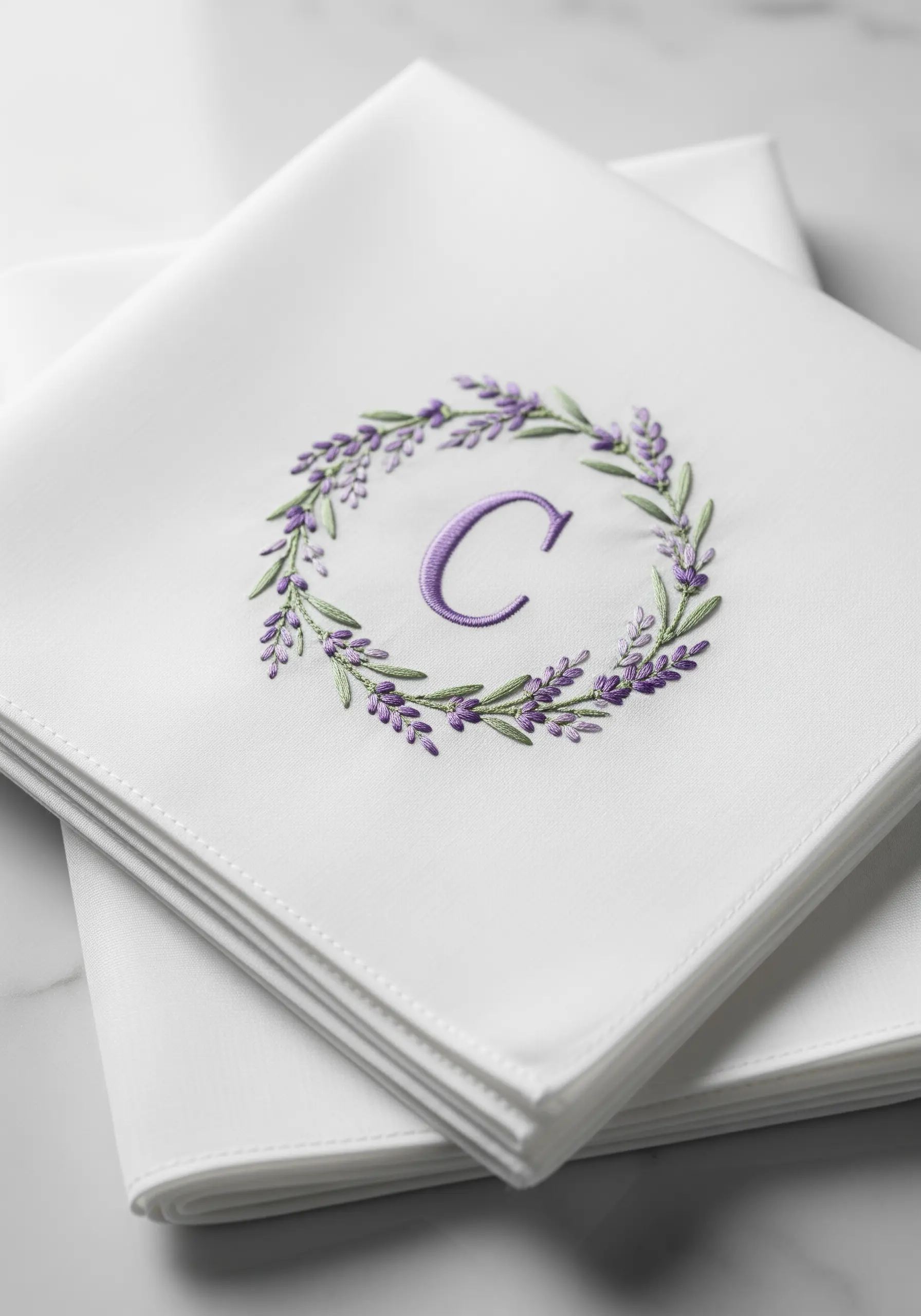 White napkin with purple satin stitch letter C surrounded by a lavender wreath