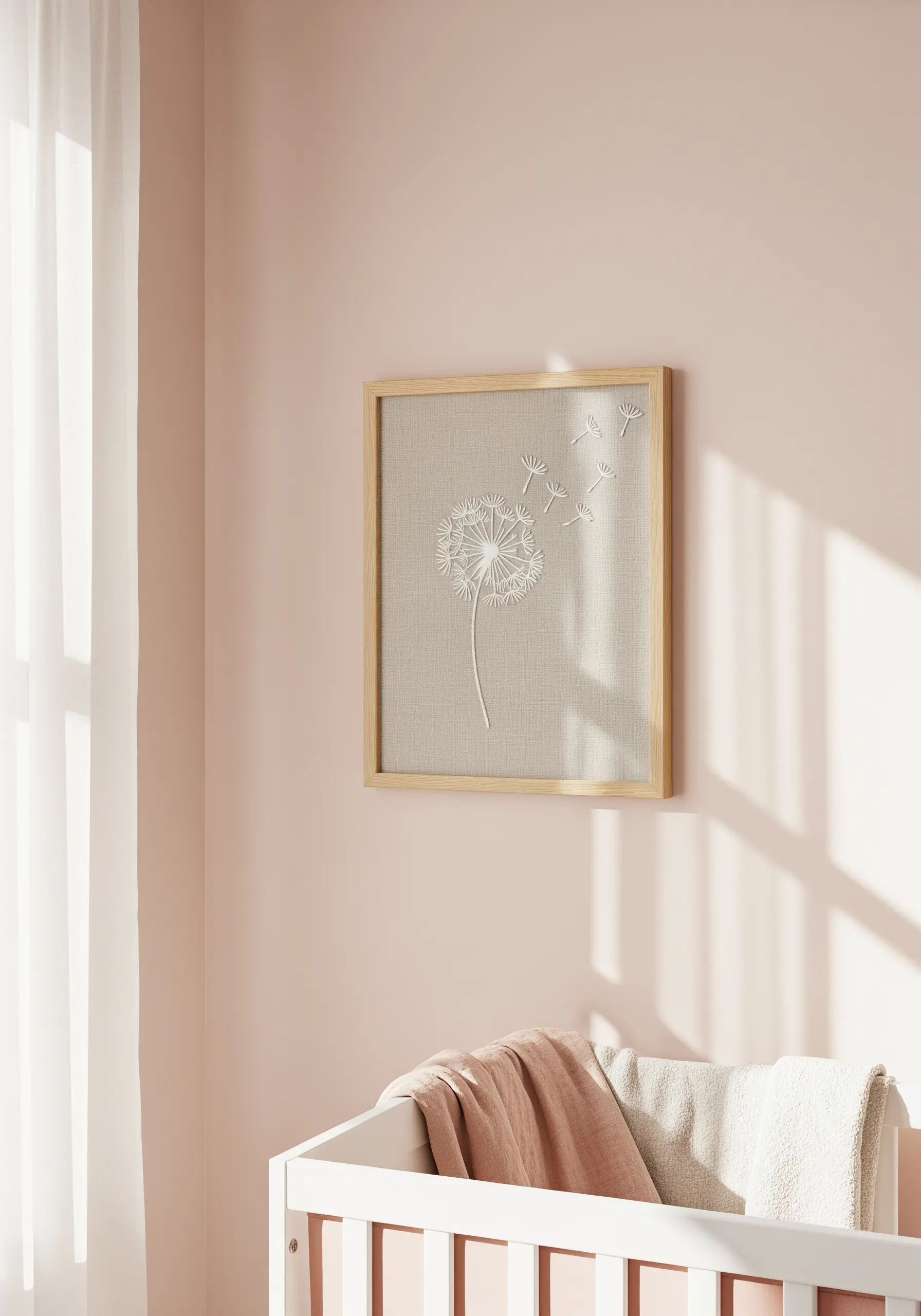 Embroidered dandelion with seeds blowing in the wind on neutral linen.
