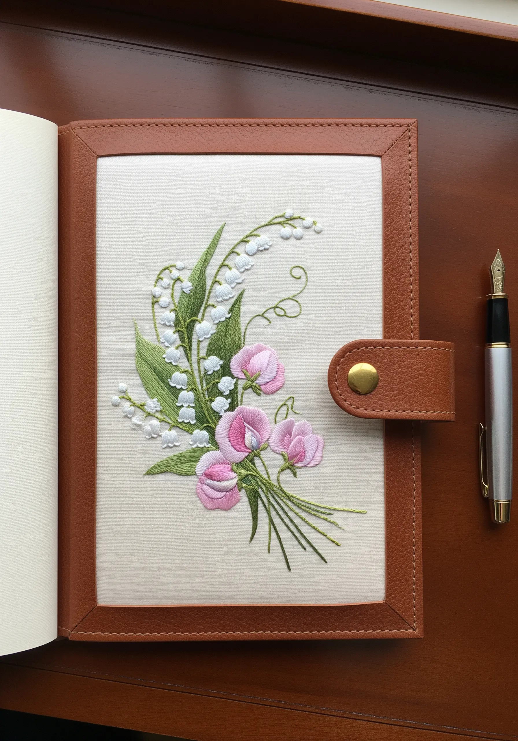 Embroidered lily of the valley and pink sweet peas on a journal cover.