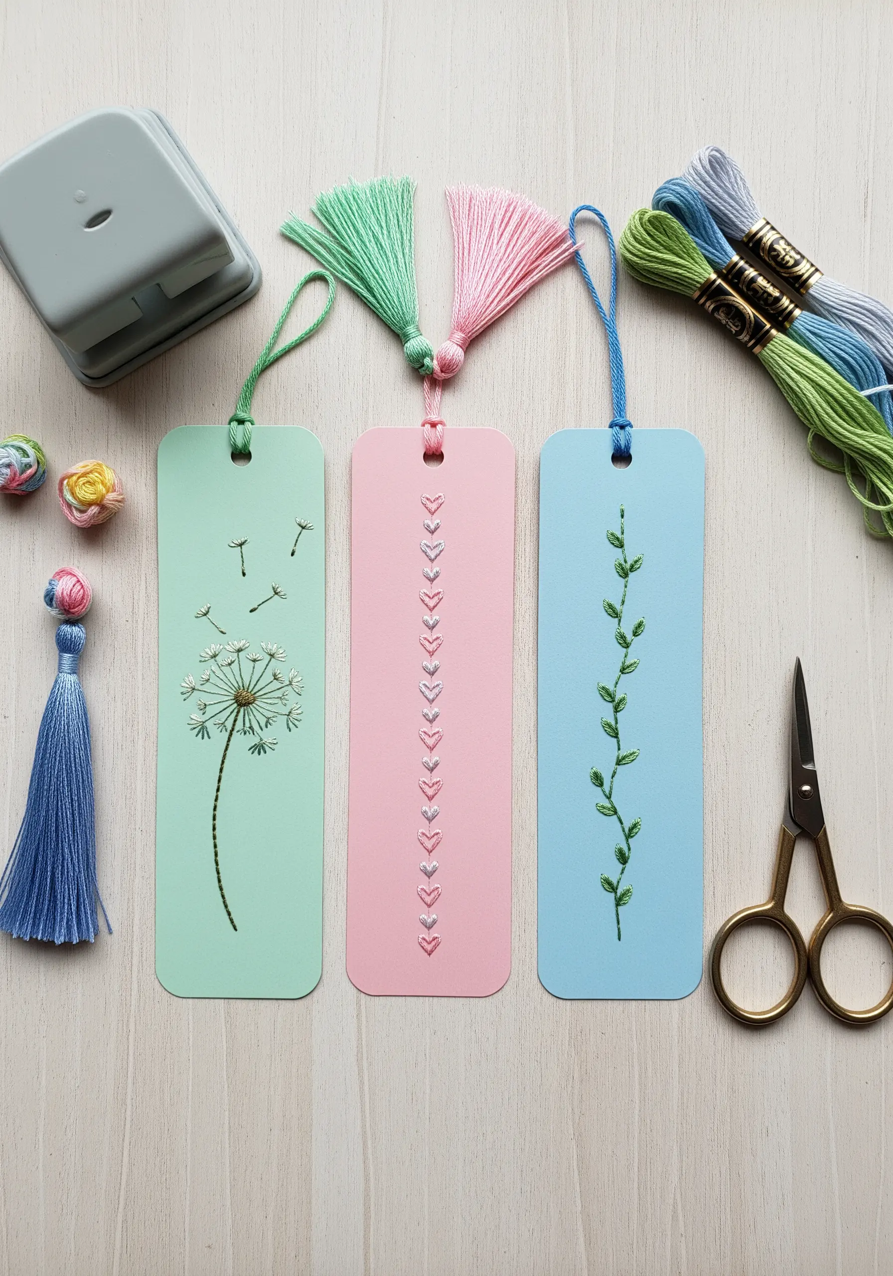 Three colorful bookmarks with delicate embroidered dandelions, hearts, and vines.
