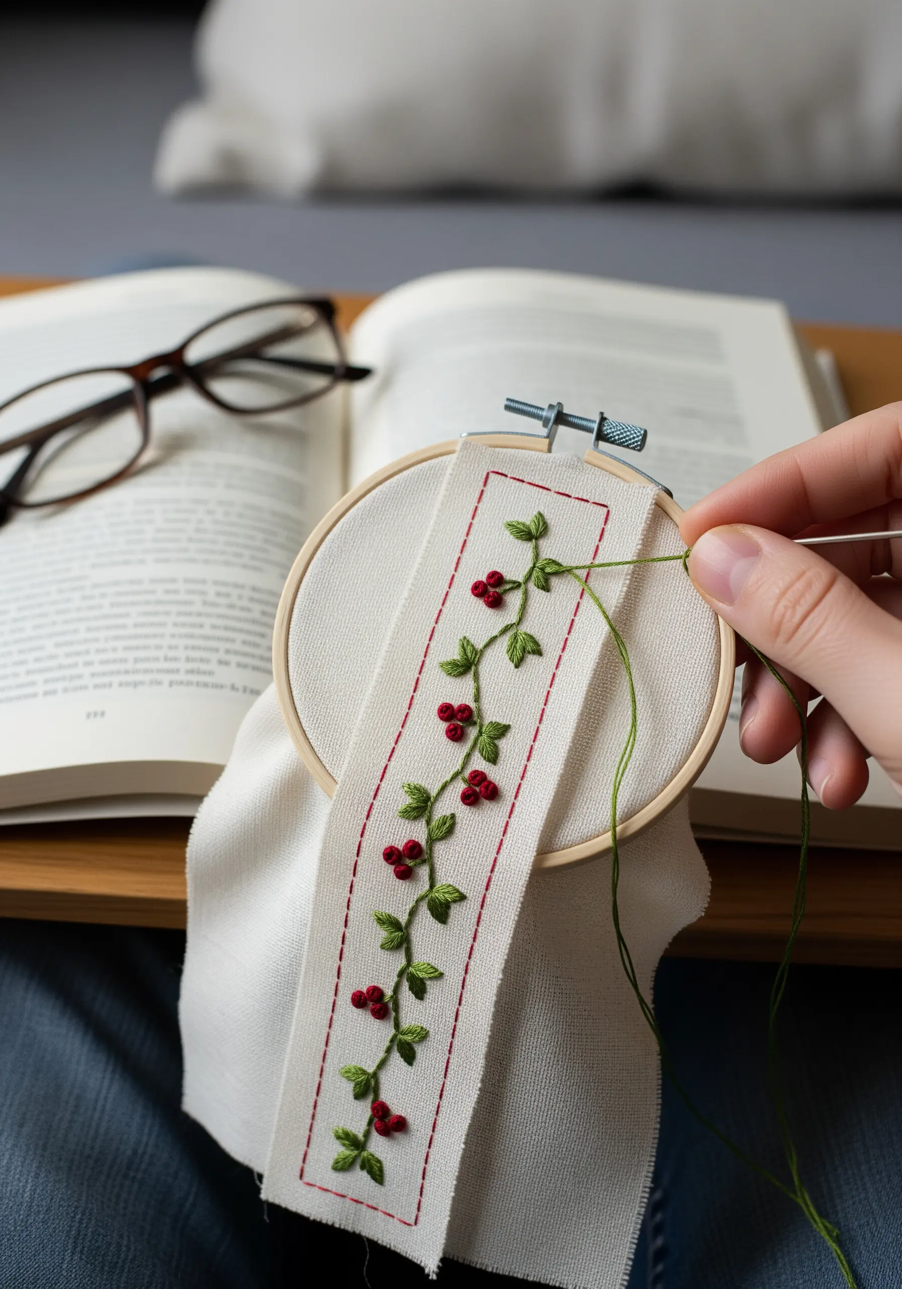 A hand embroidering a delicate bookmark with a green vine and red berries