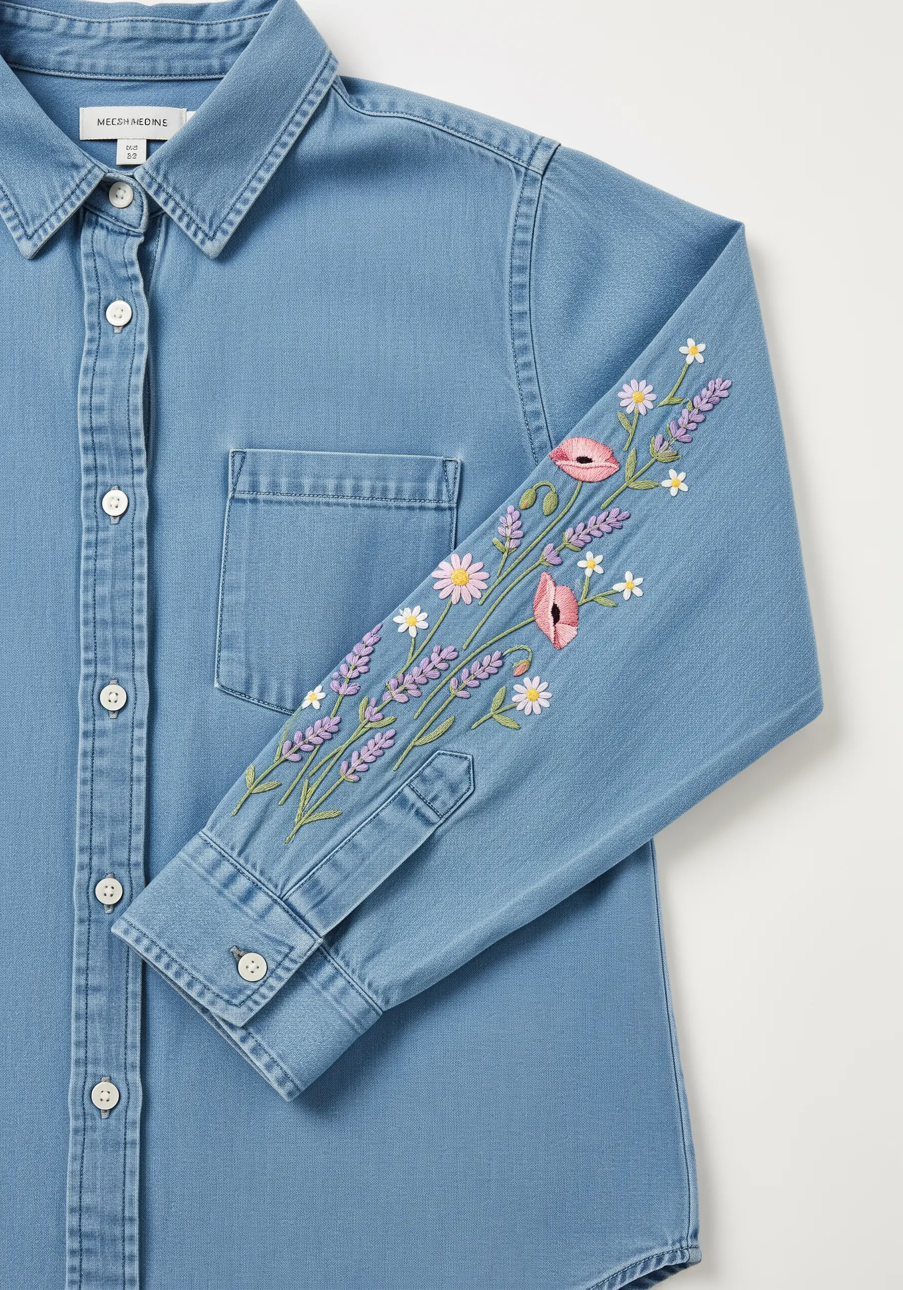 A delicate sprig of lavender, poppies, and daisies embroidered on a light-wash denim shirt sleeve.