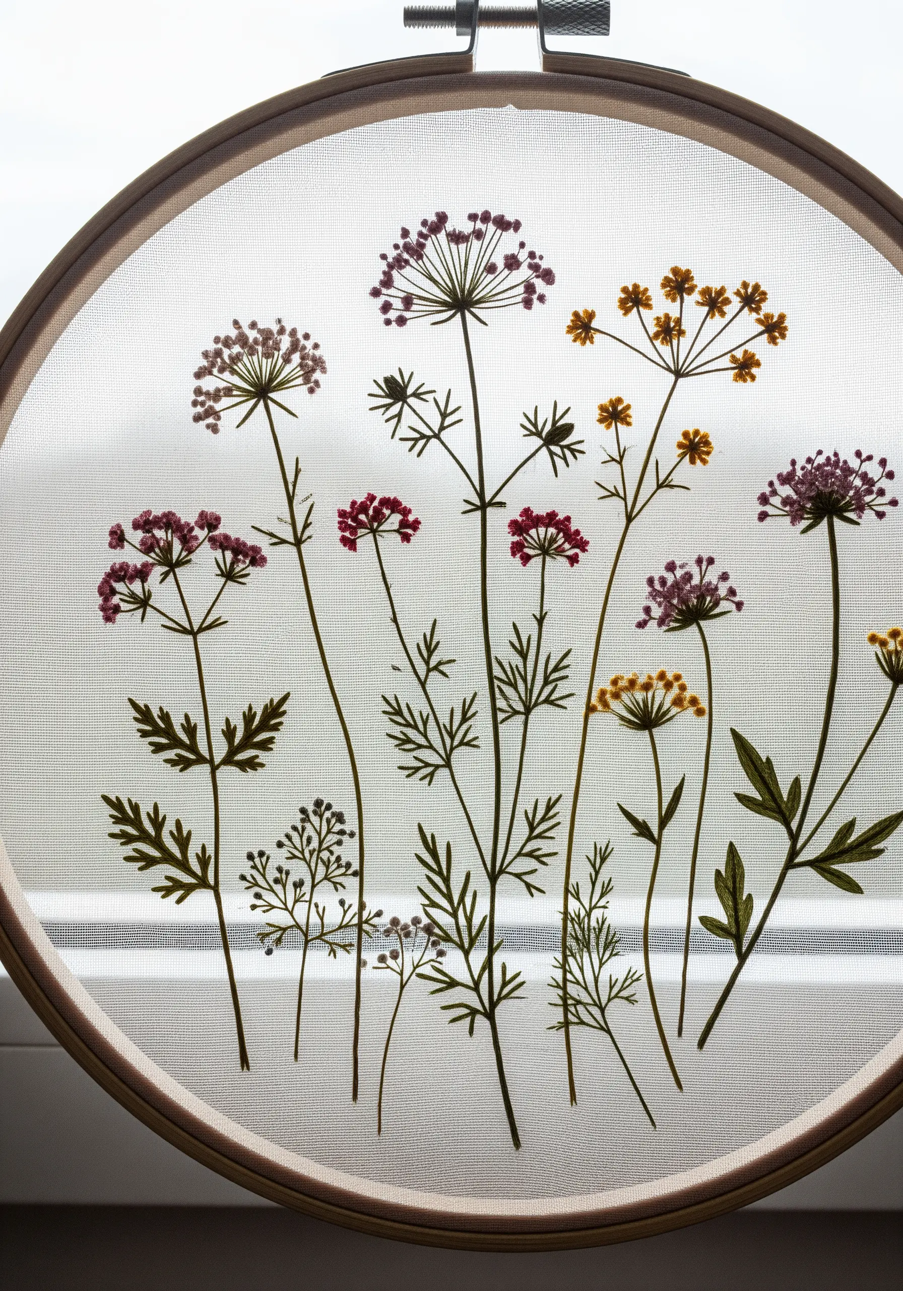 Delicate wildflower embroidery on sheer tulle, creating a floating effect.