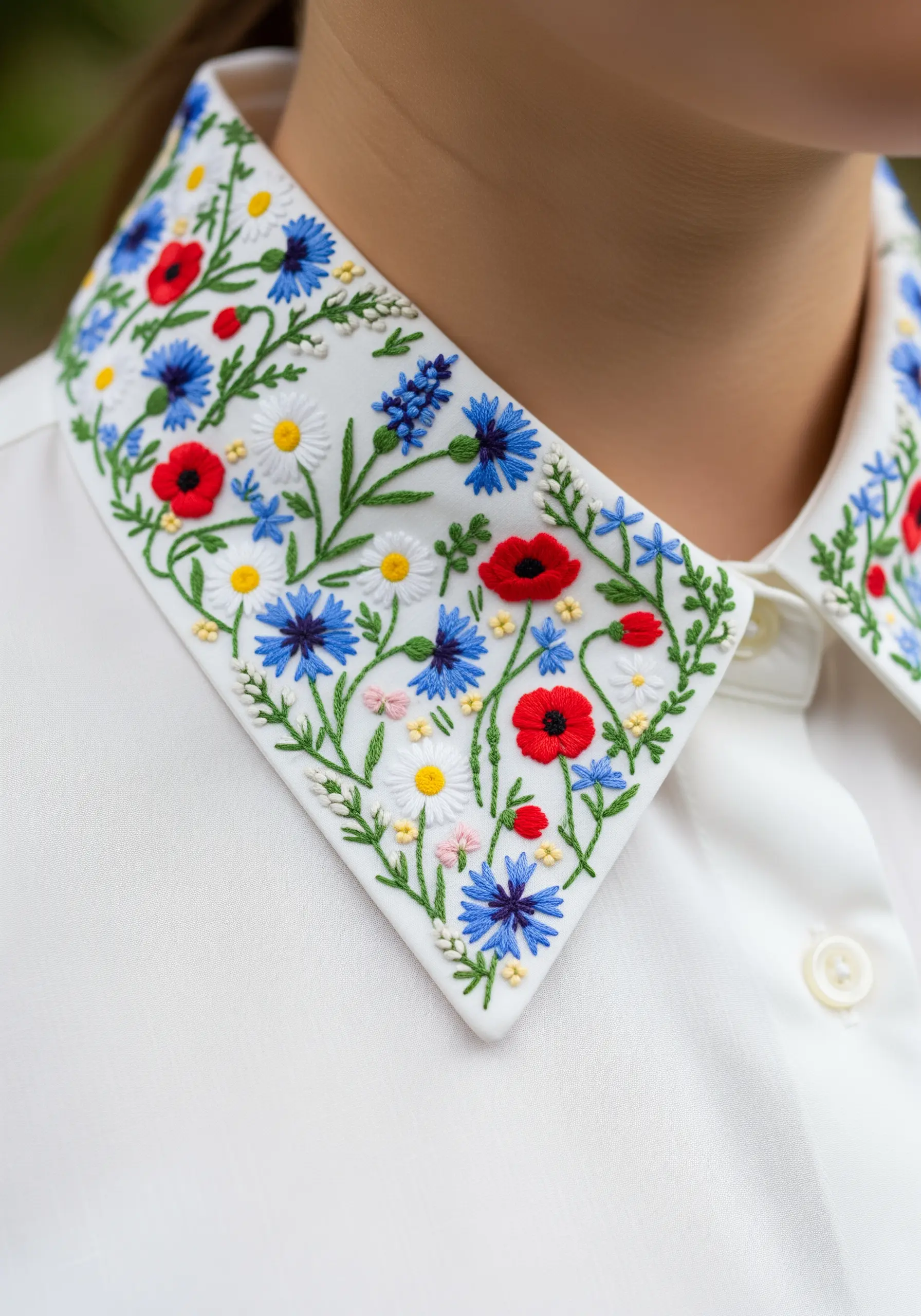 A dense mix of colorful wildflowers, including poppies and daisies, on a white collar.