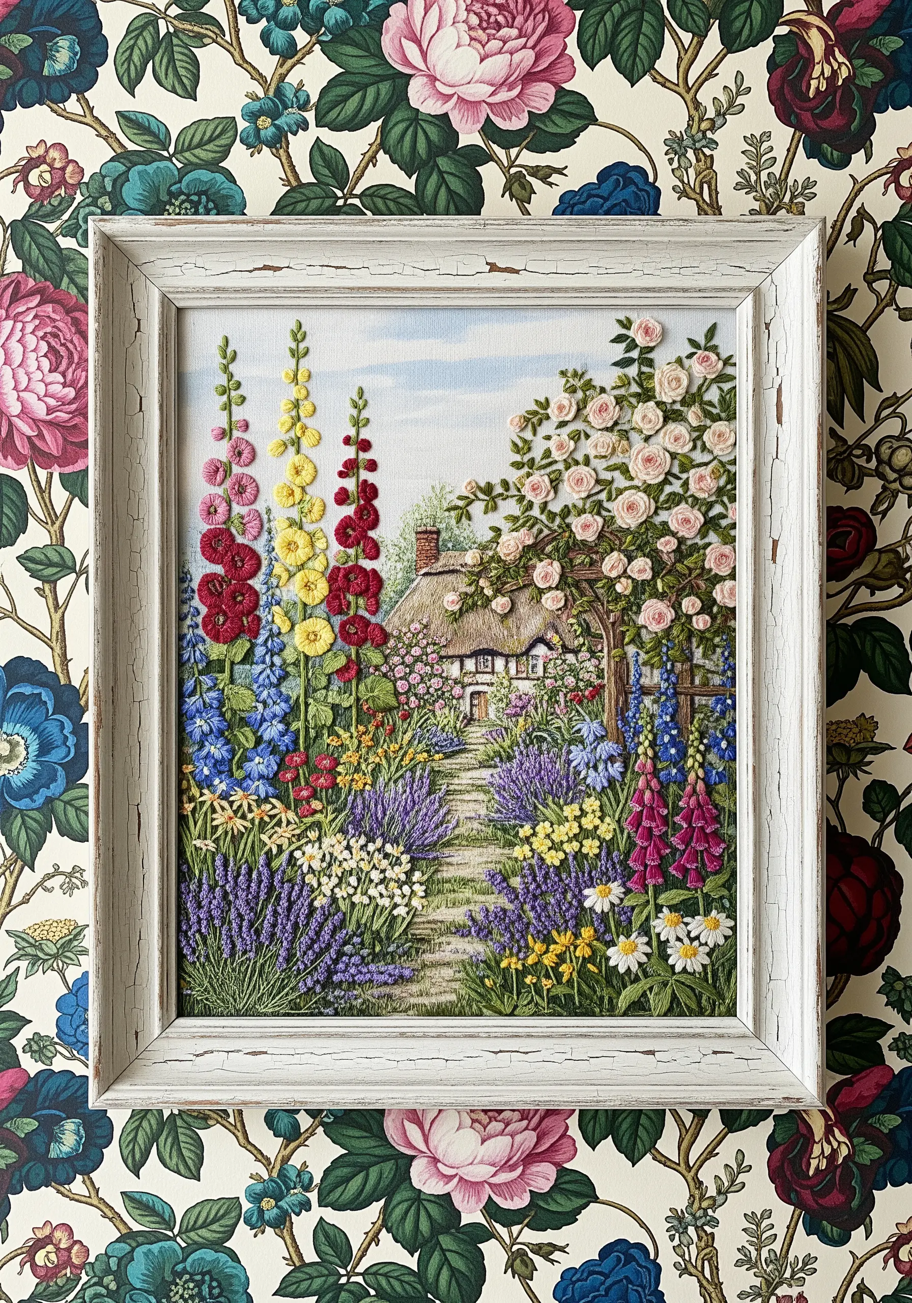 Detailed cottage garden embroidery in rustic white frame